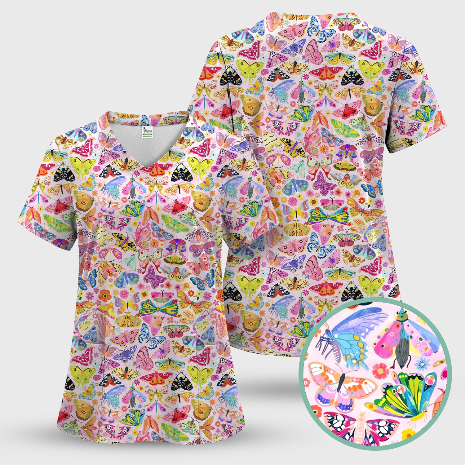 Cute Bright Butterfly Moth Floral Scrub Top, Breathable Fabrics Nursing Uniform