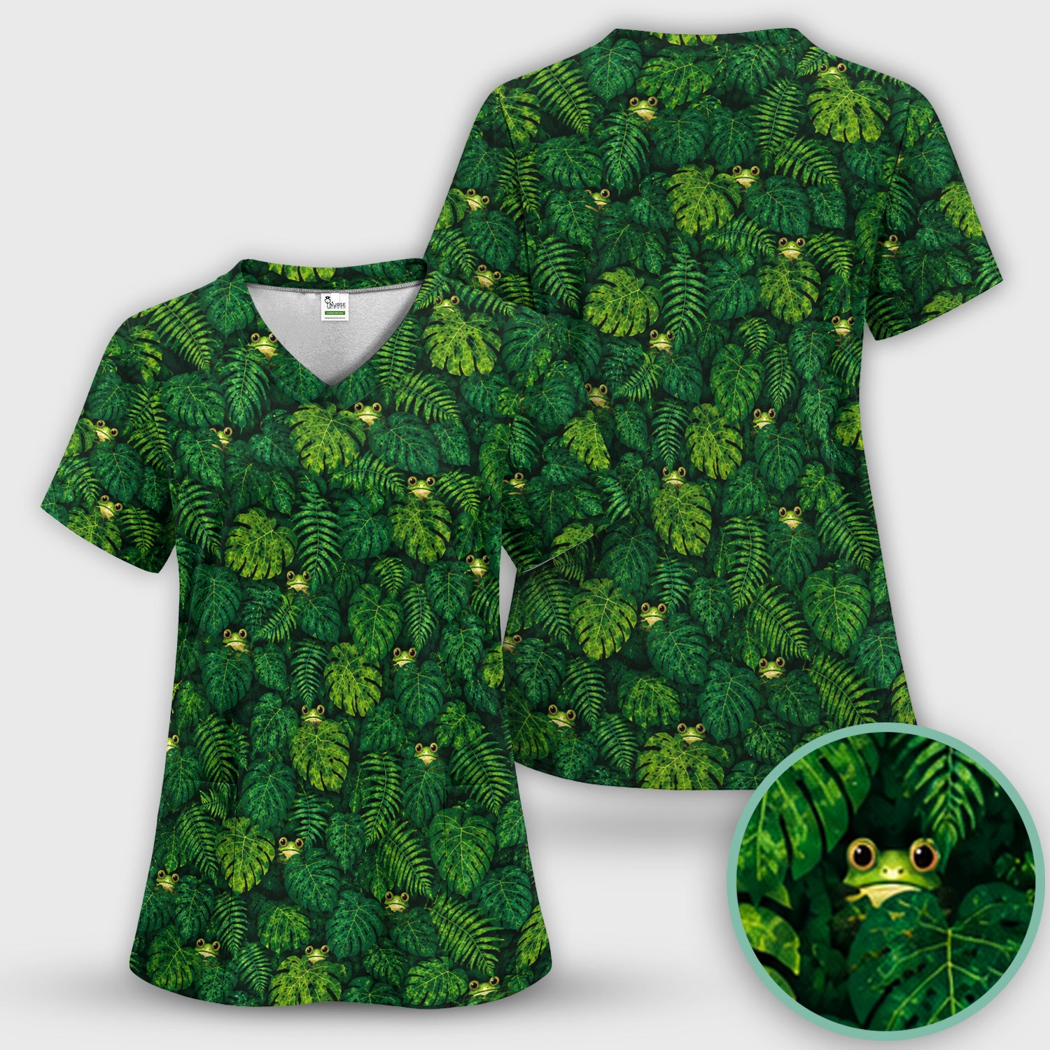 Cute Hidden Frog Jungle Pattern Scrub Top, Comfortable Scrubs for Nurses