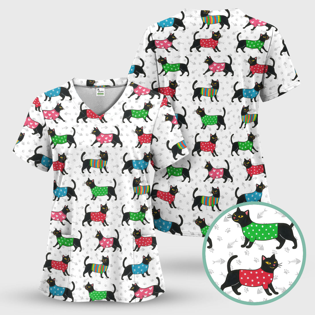 Cute Cat Scrub Top - Black Kitty Print Nurse Shirt - Fun Animal Medical Scrubs Gift for Women CNA RN Doctor