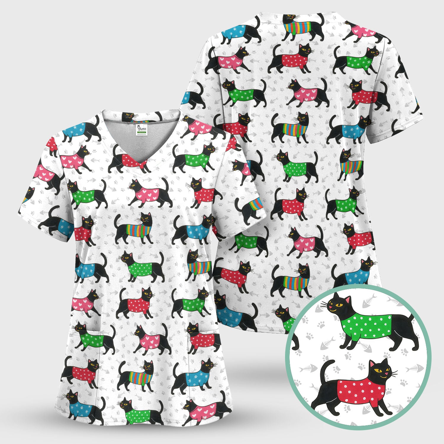 Cute Cat Scrub Top - Black Kitty Print Nurse Shirt - Fun Animal Medical Scrubs Gift for Women CNA RN Doctor