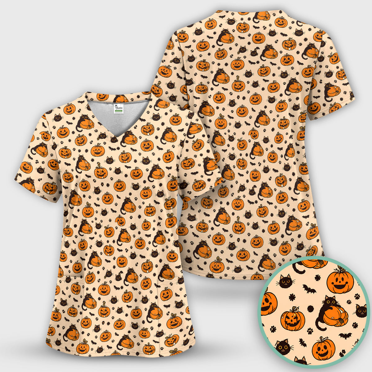 Cute Halloween Black Cat And Pumpkins Scrub Top, Comfortable Scrubs for Nurses