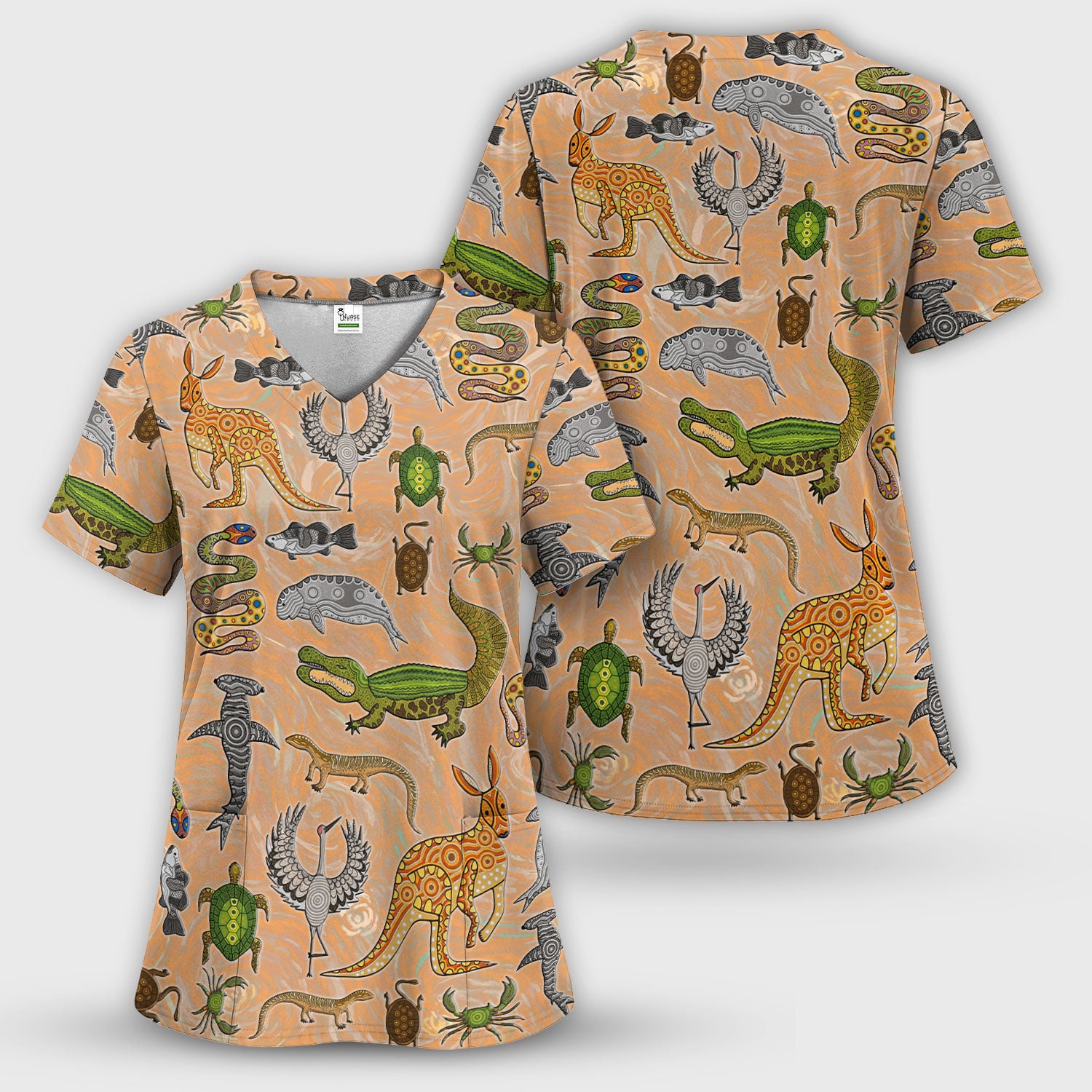 Crocodile Turtle Snake Animal Pattern Scrub Top, Comfortable Scrubs for Nurses