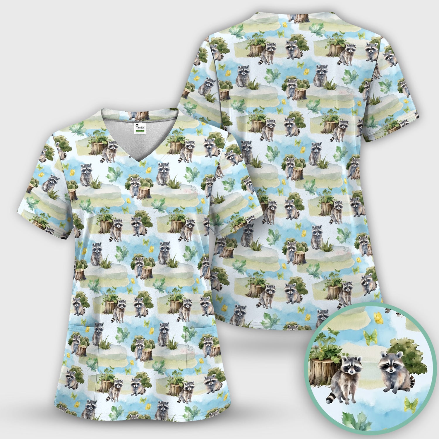 Cute Raccoon Woodland Print Scrub Set, Scrub Pants and V Neck Top