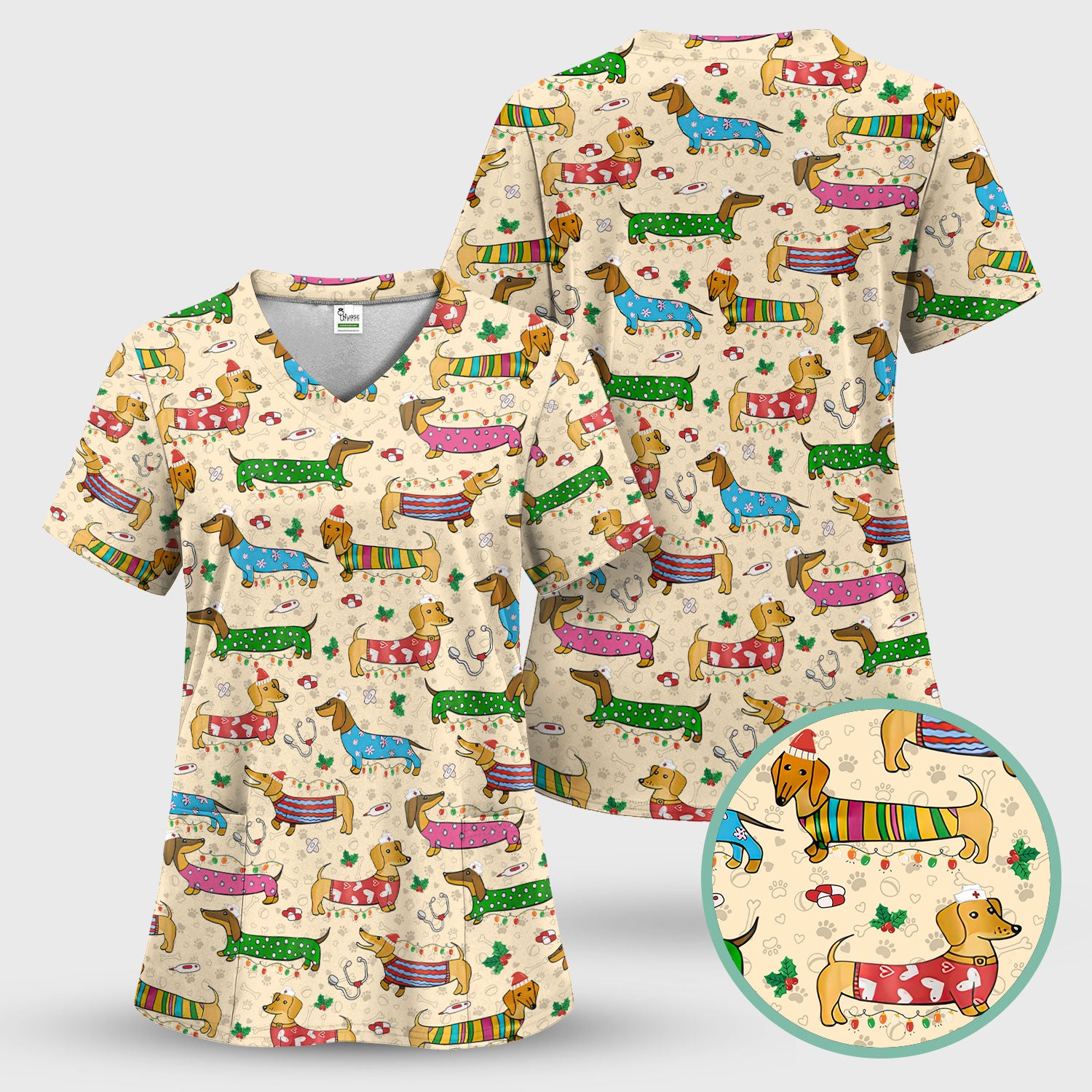 Christmas Dachshund Nurse Scrub Top - Cute Wiener Dog in Holiday Outfit - Funny Medical Shirt Gift for Women RN LPN CNA