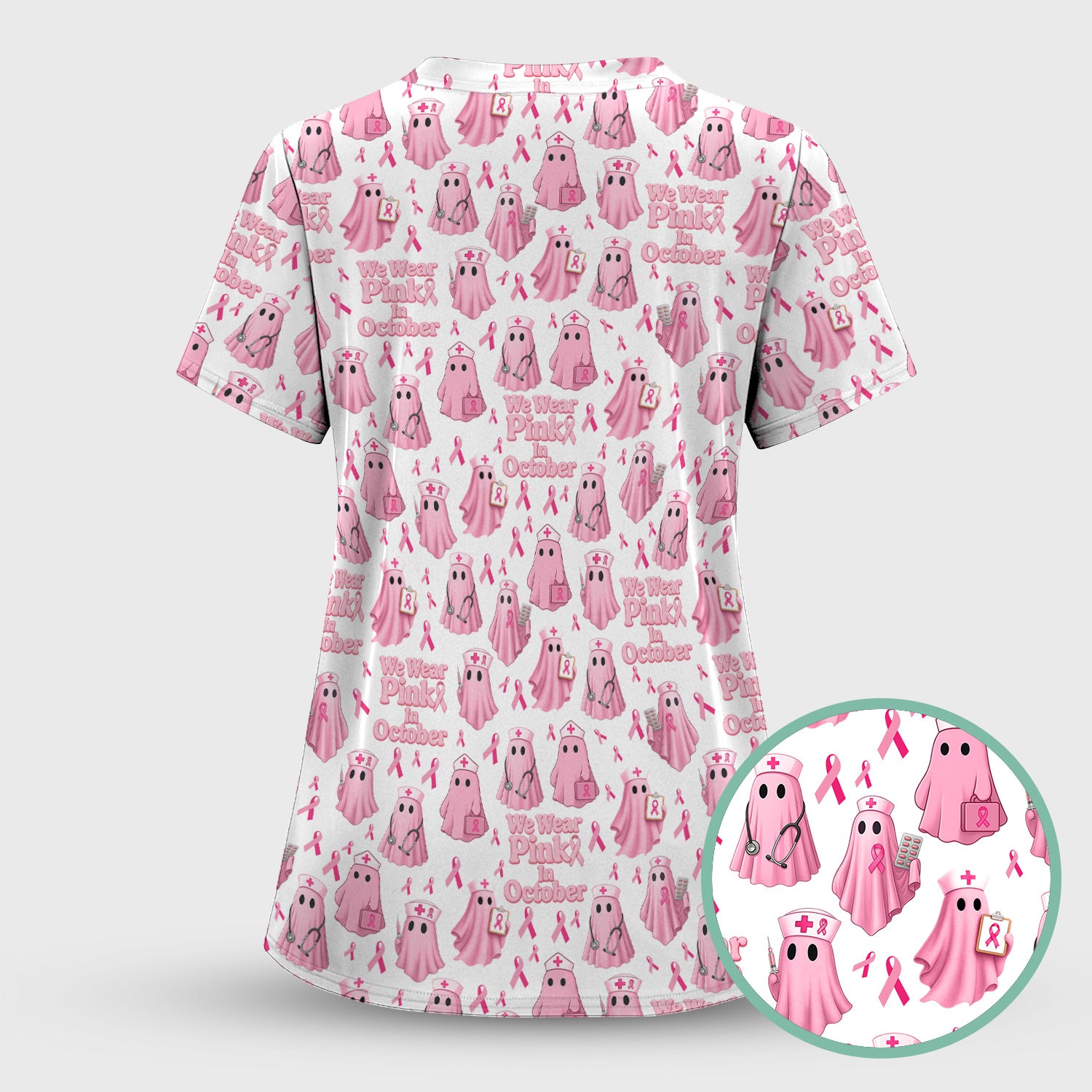 Funny Breast Cancer Awareness Scrub Top - We Wear Pink In October & Ghost Nurse Design - Gift for RN LPN CNA