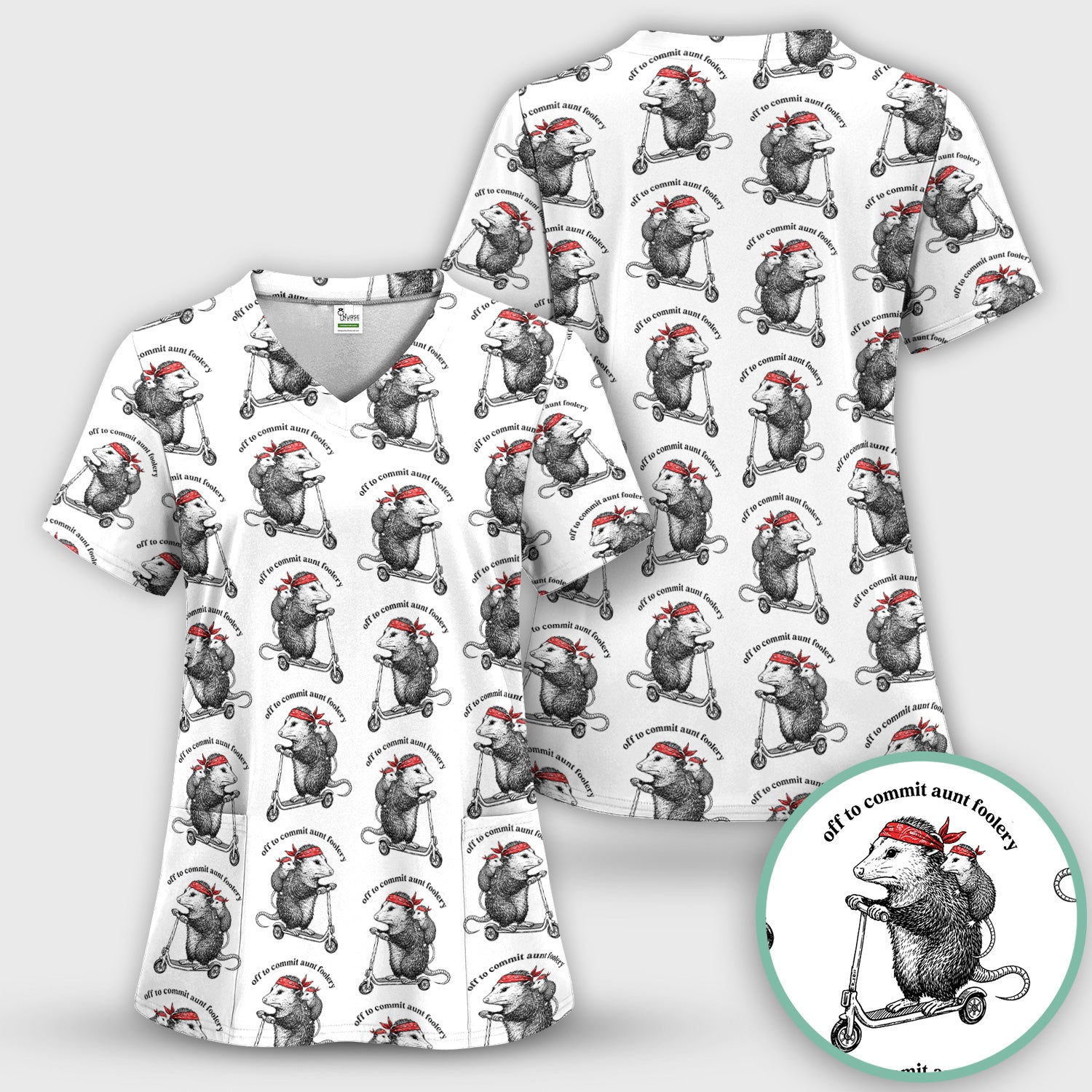 Aunt Foolery Opossum Pattern Scrub Top, Comfortable Scrubs for Nurses