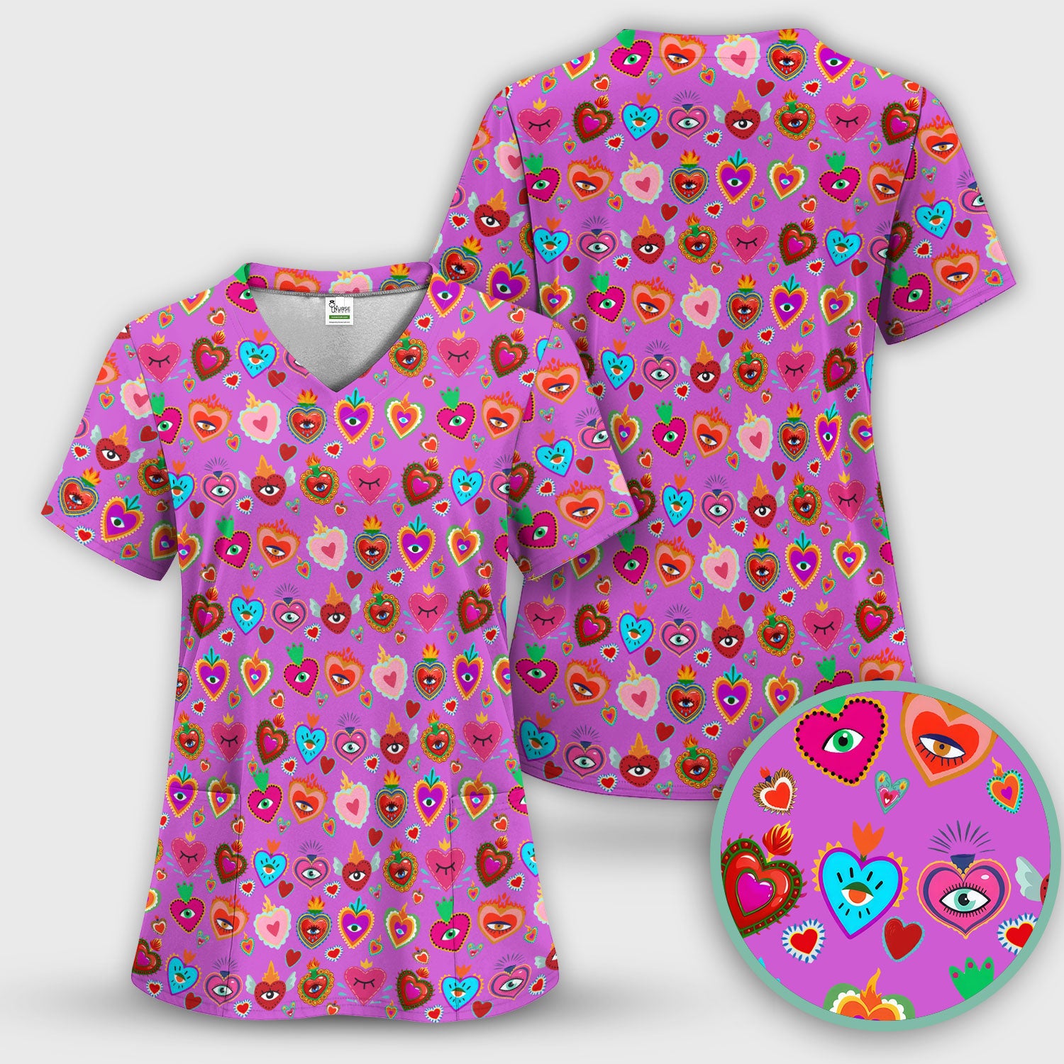 Valentine Colorful Sacred Heart Print Medical Scrub Top, Comfortable Scrubs for Nurses