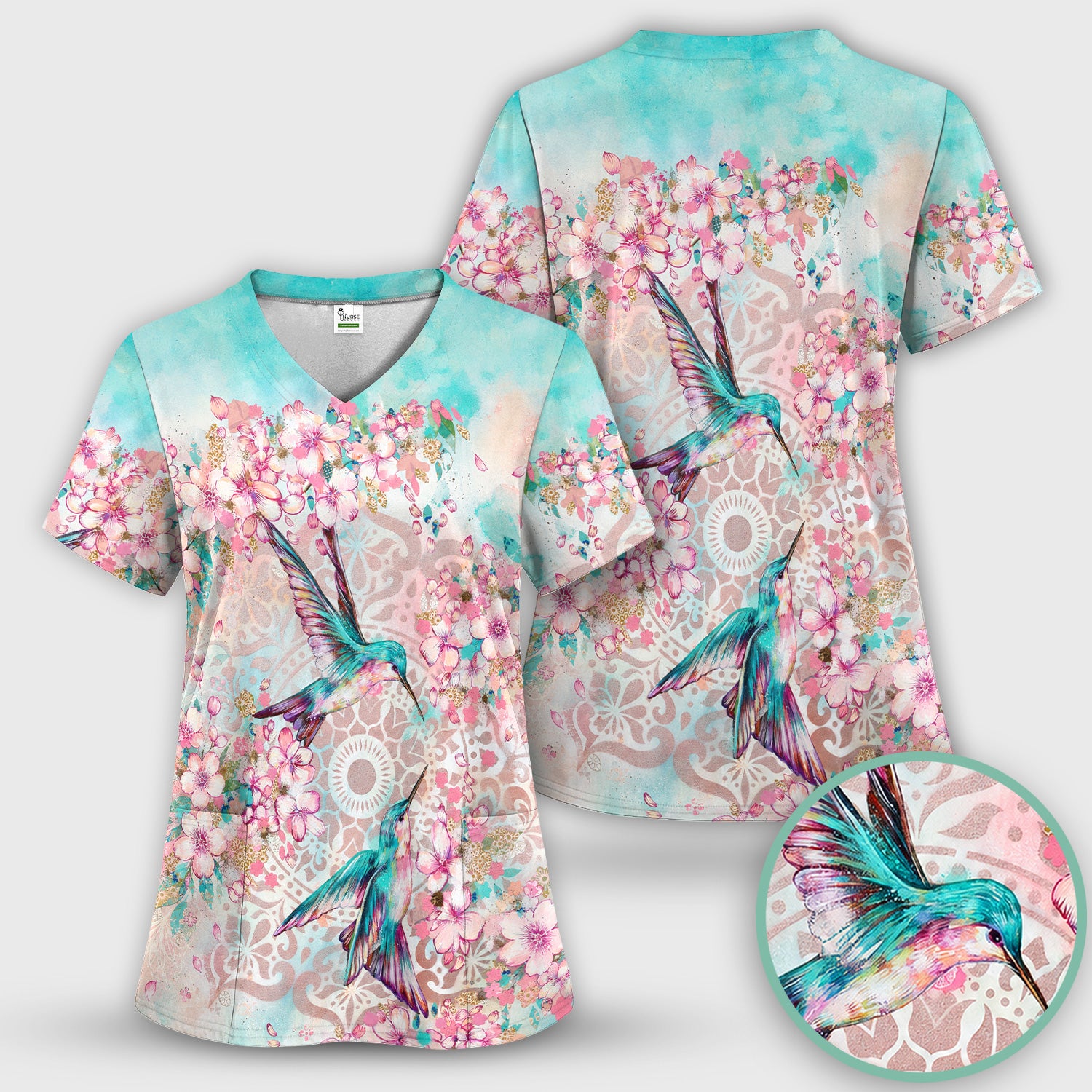 Charming Hummingbird Cherry Blossom Pattern Scrub Top, Comfortable Scrubs for Nurses