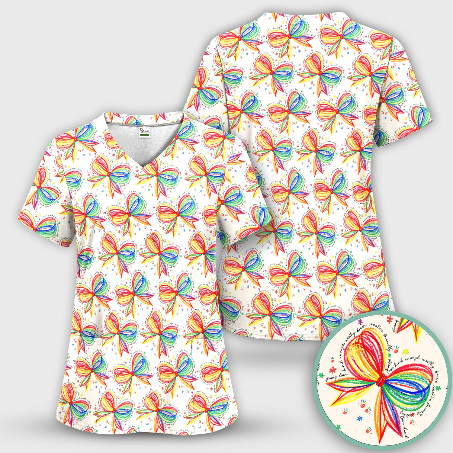 Colorful Rainbow Bow Pattern Scrub Top, Comfortable Scrubs for Nurses