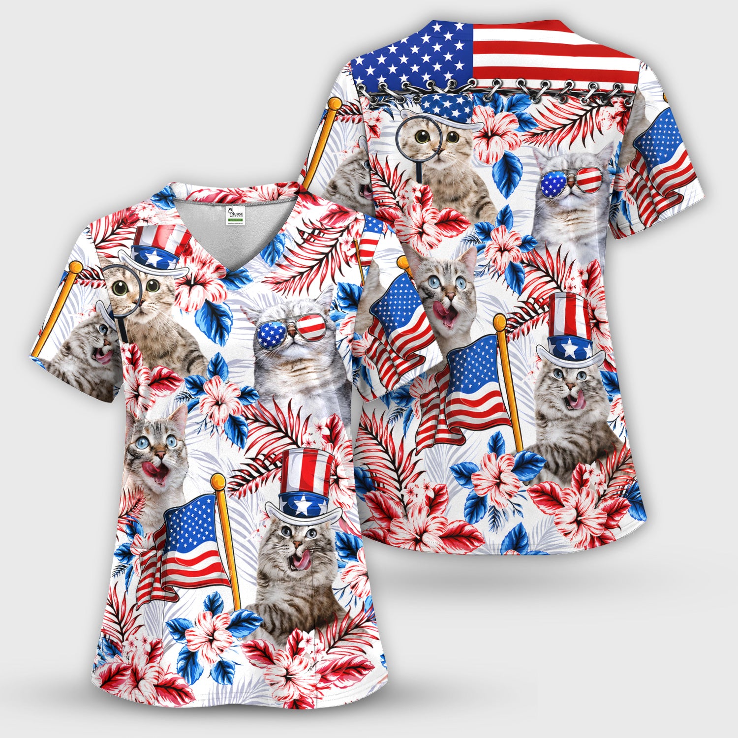 Patriotic Cat with USA Flag Scrub Top, Comfortable Scrubs for Nurses