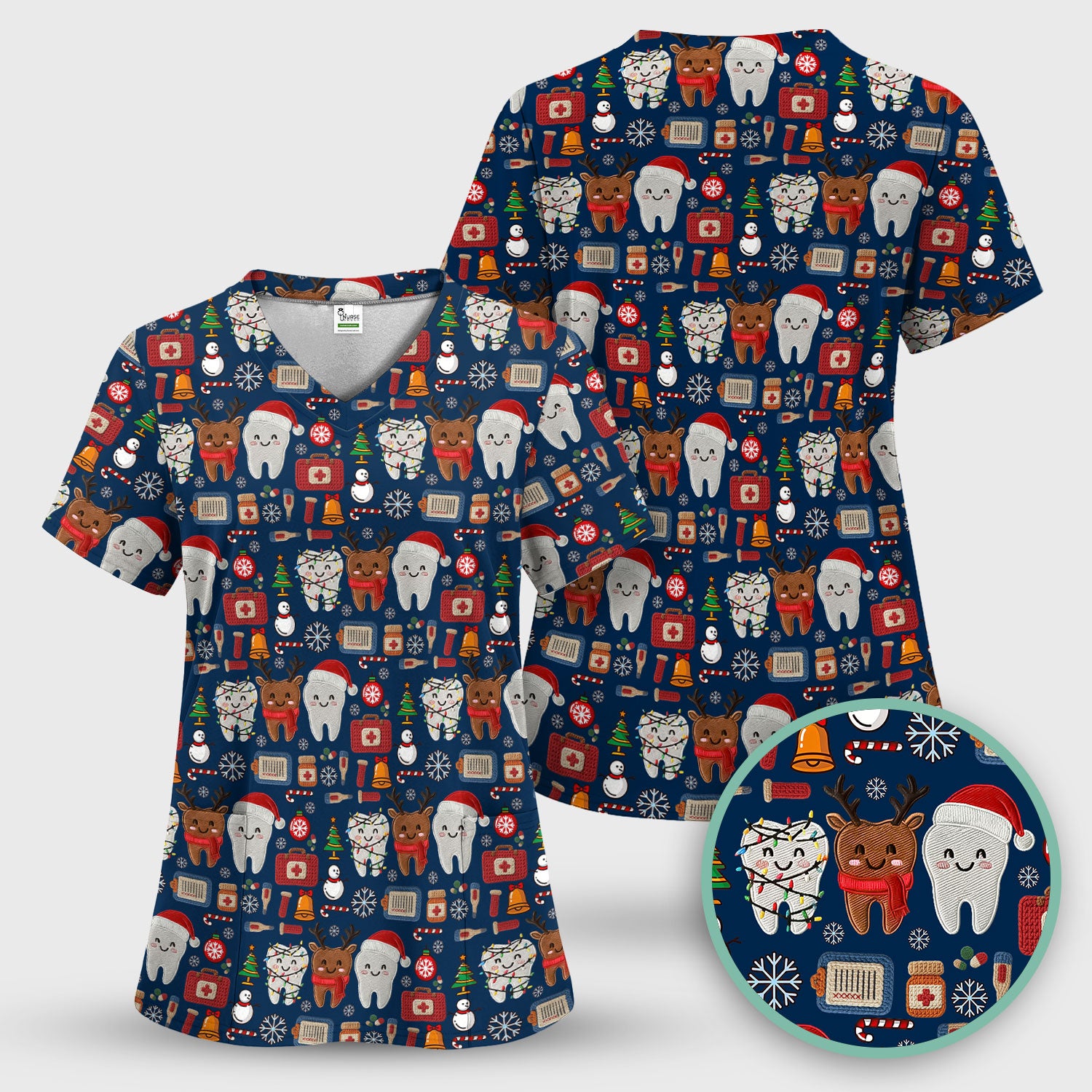 Christmas Dental Scrub Top - Cute Santa & Reindeer Tooth Shirt - Funny Holiday Medical Uniform for Dentists, Hygienists & Nurses