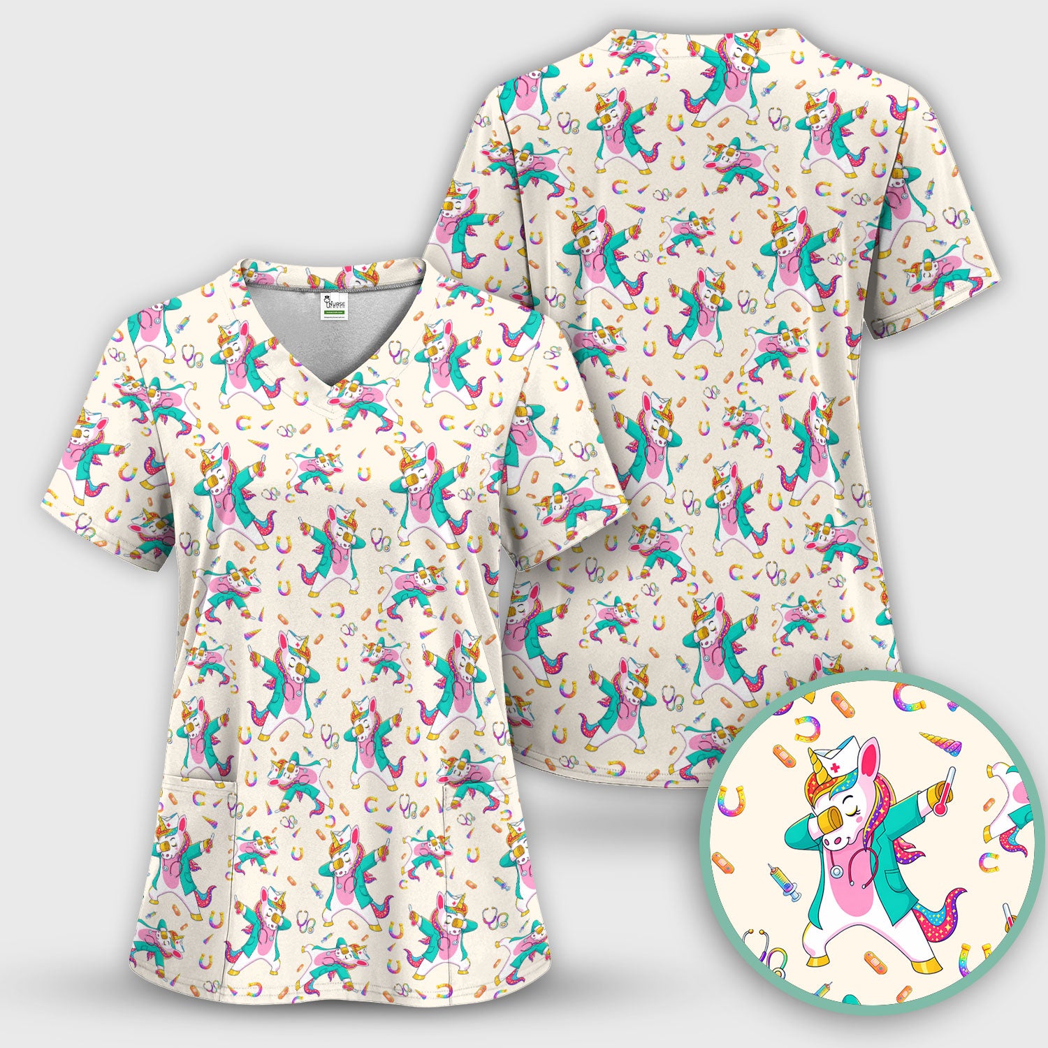 Cute Unicorn Nurse Dance Pattern Scrub Top, Breathable Fabrics Nursing Uniform