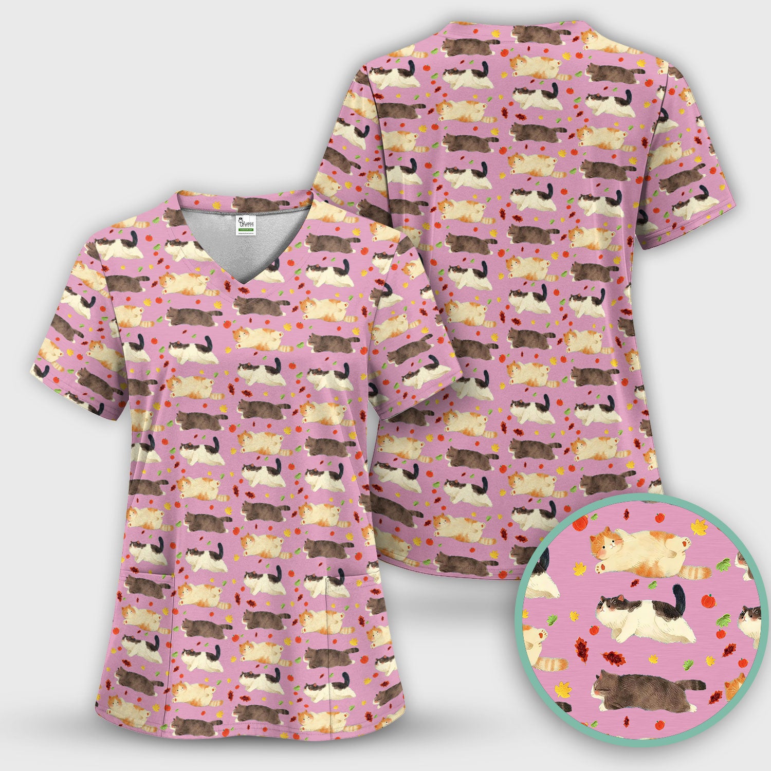 Chubby Cat Autumn Leaves Print Scrub Top, Breathable Fabrics Nursing Uniform