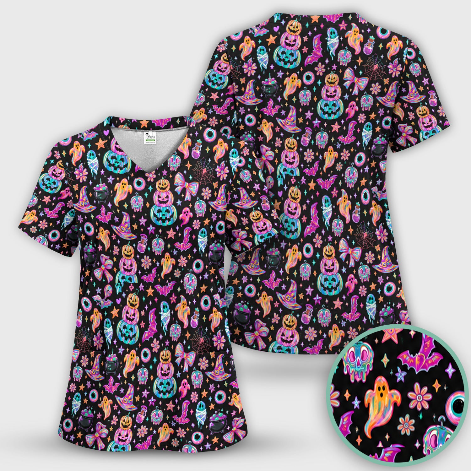 Halloween Ghost with Pumpkin Bat Print Scrub Top, Comfortable Scrubs for Nurses