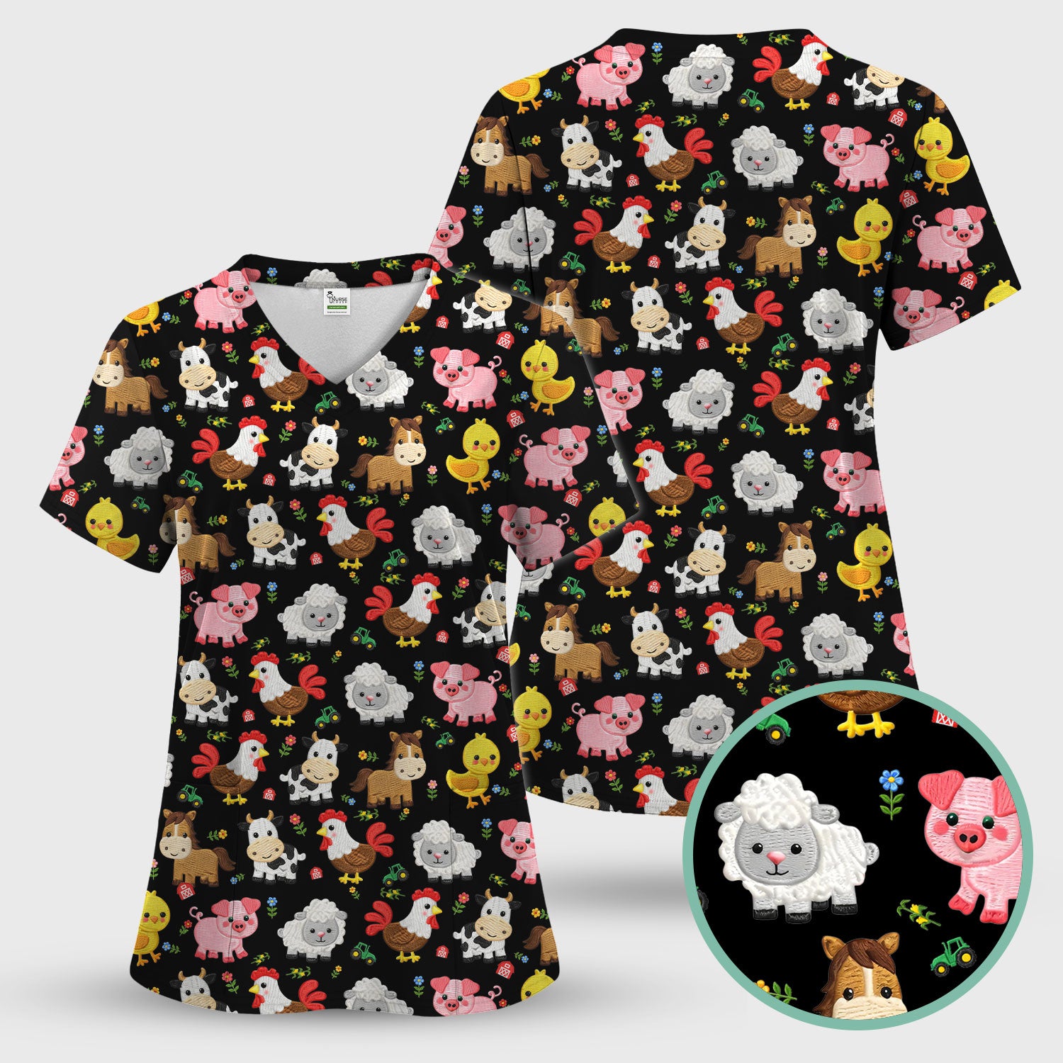 Cartoon Farm Animal Pattern Scrub Top, Breathable Fabrics Nursing Uniform