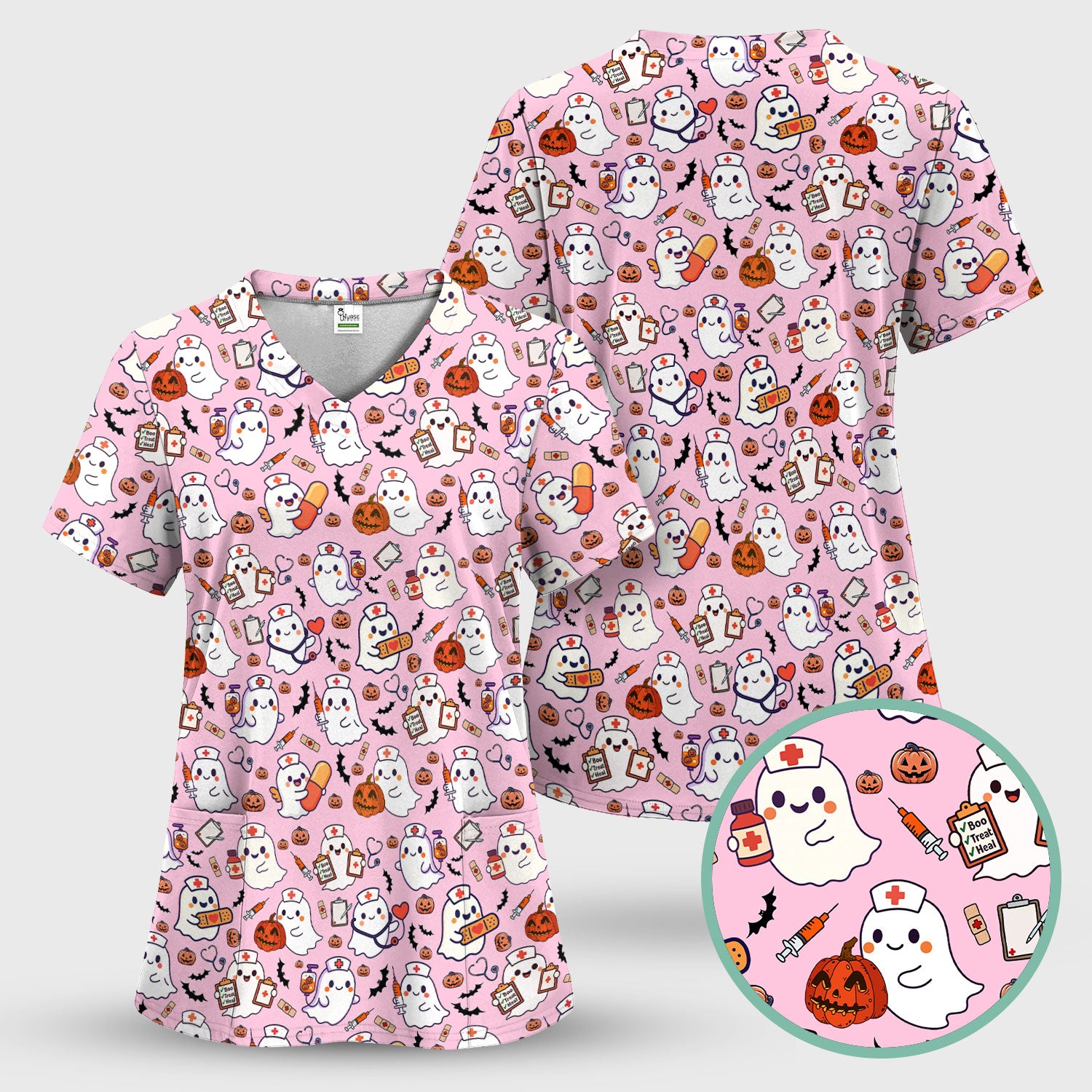 Boo Halloween Scrub Top - Pumpkin Shirt Womens - Comfortable Scrubs for Nurses - Breathable Fabrics Nursing Uniform