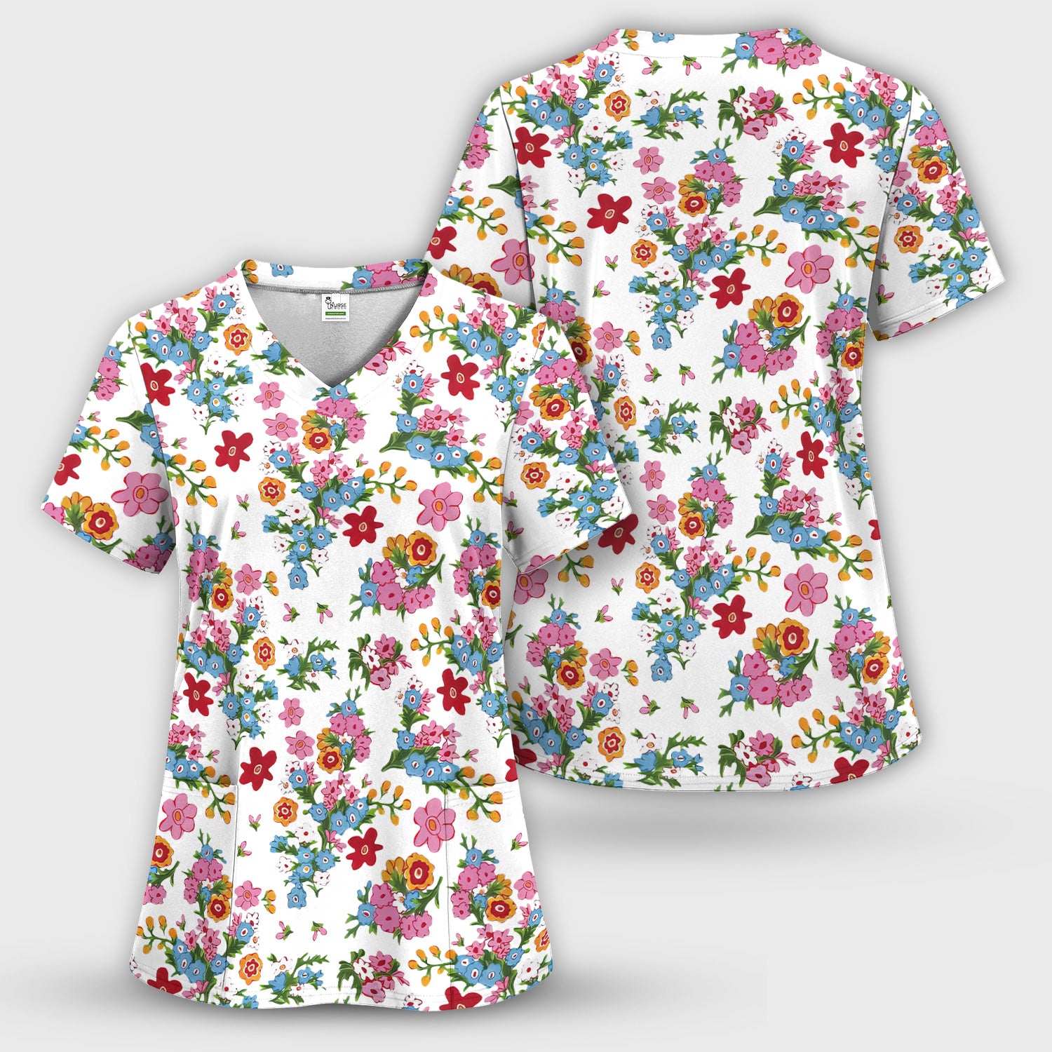 Charming Vintage Floral Bouquet Pattern Scrub Set, Nurse Uniform Scrubs Set