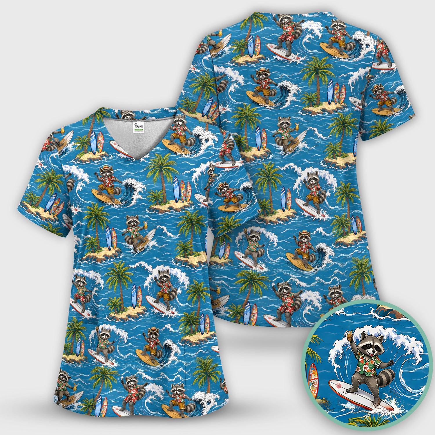 Tropical Surfing Raccoon Island Pattern Scrub Top, Comfortable Scrubs for Nurses