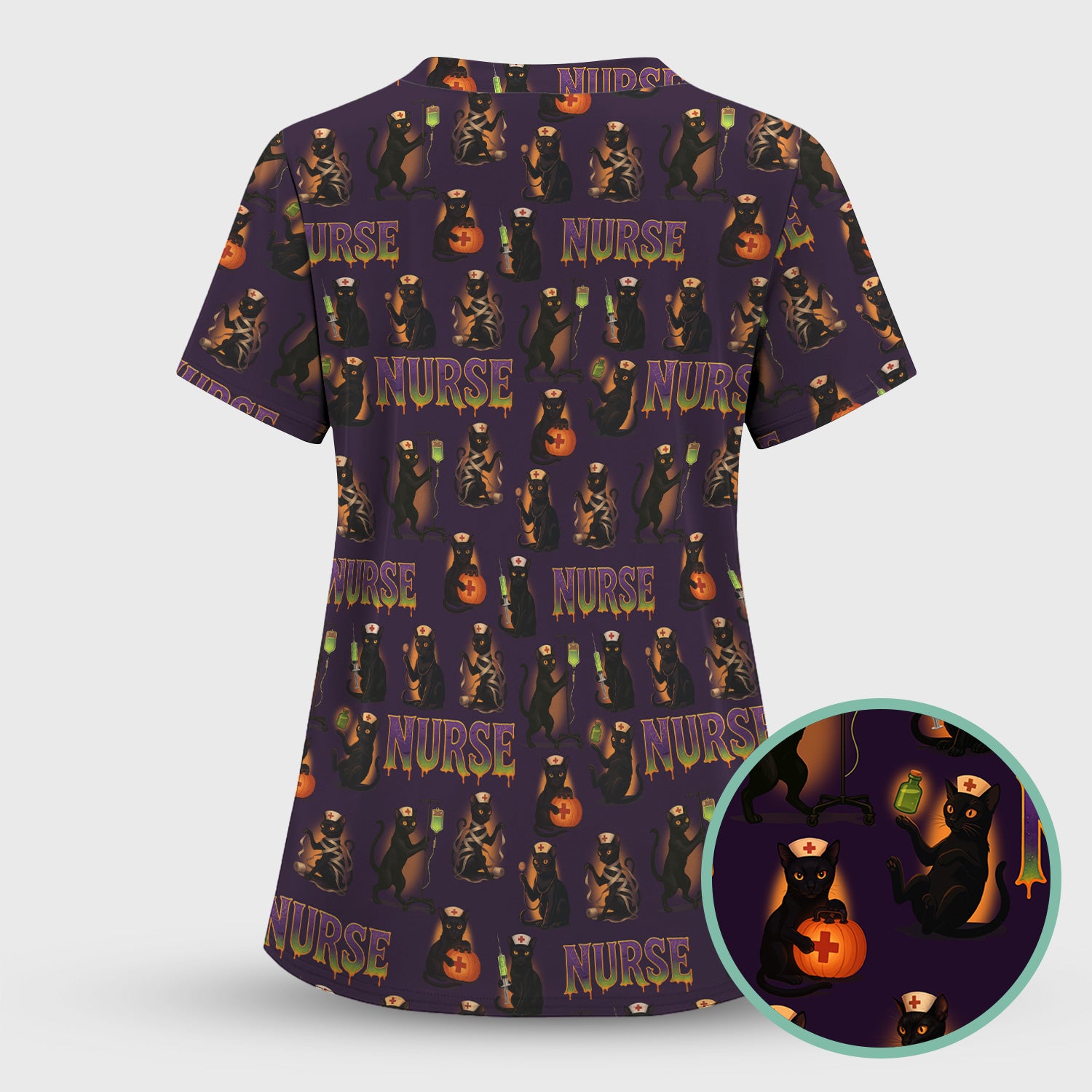 Halloween Nurse Scrub Top for Women - Cute Black Cat and Pumpkin Medical Design - Spooky Gift for RN LPN CNA