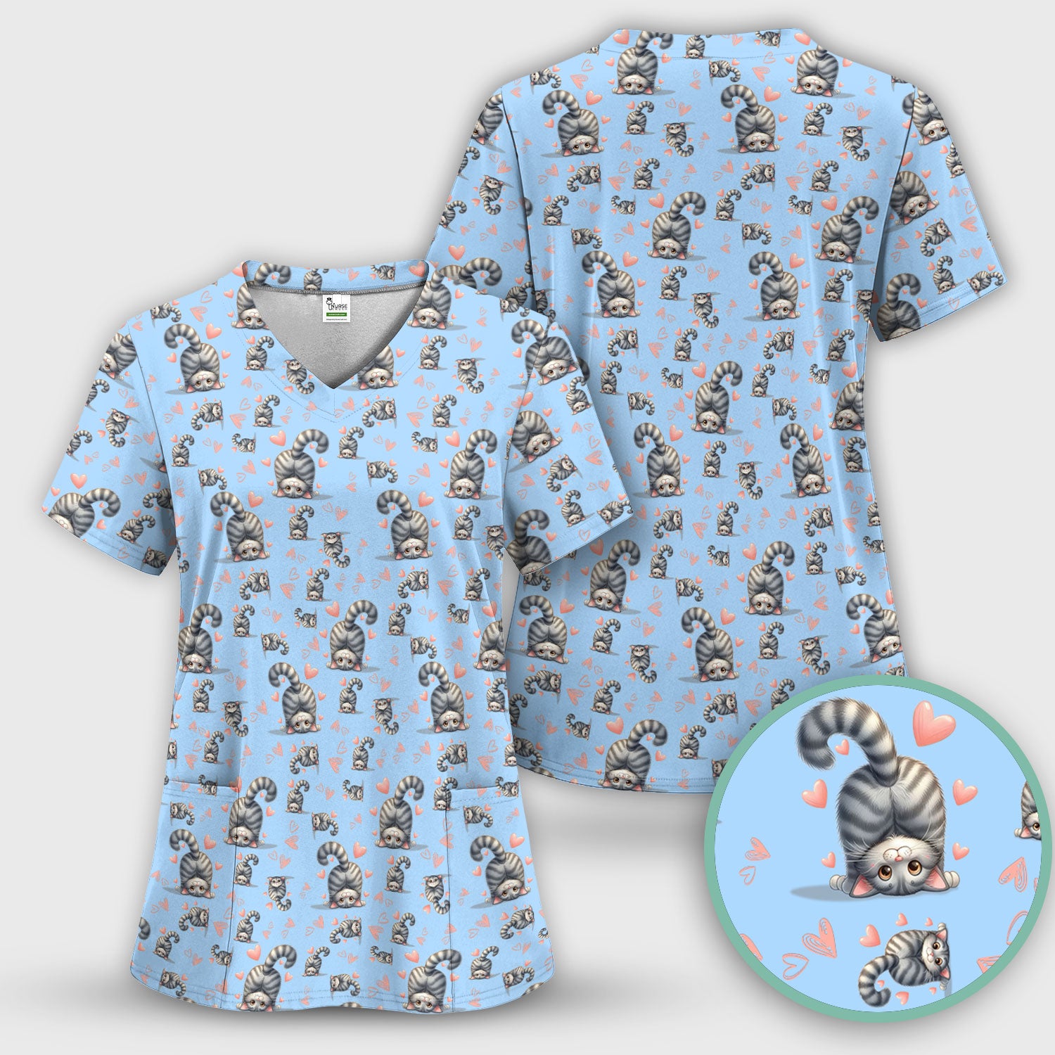 Valentine Cute Cat Scrub Top, Cat Heart Pattern Nurse Uniform, Comfortable Scrubs For Nurses