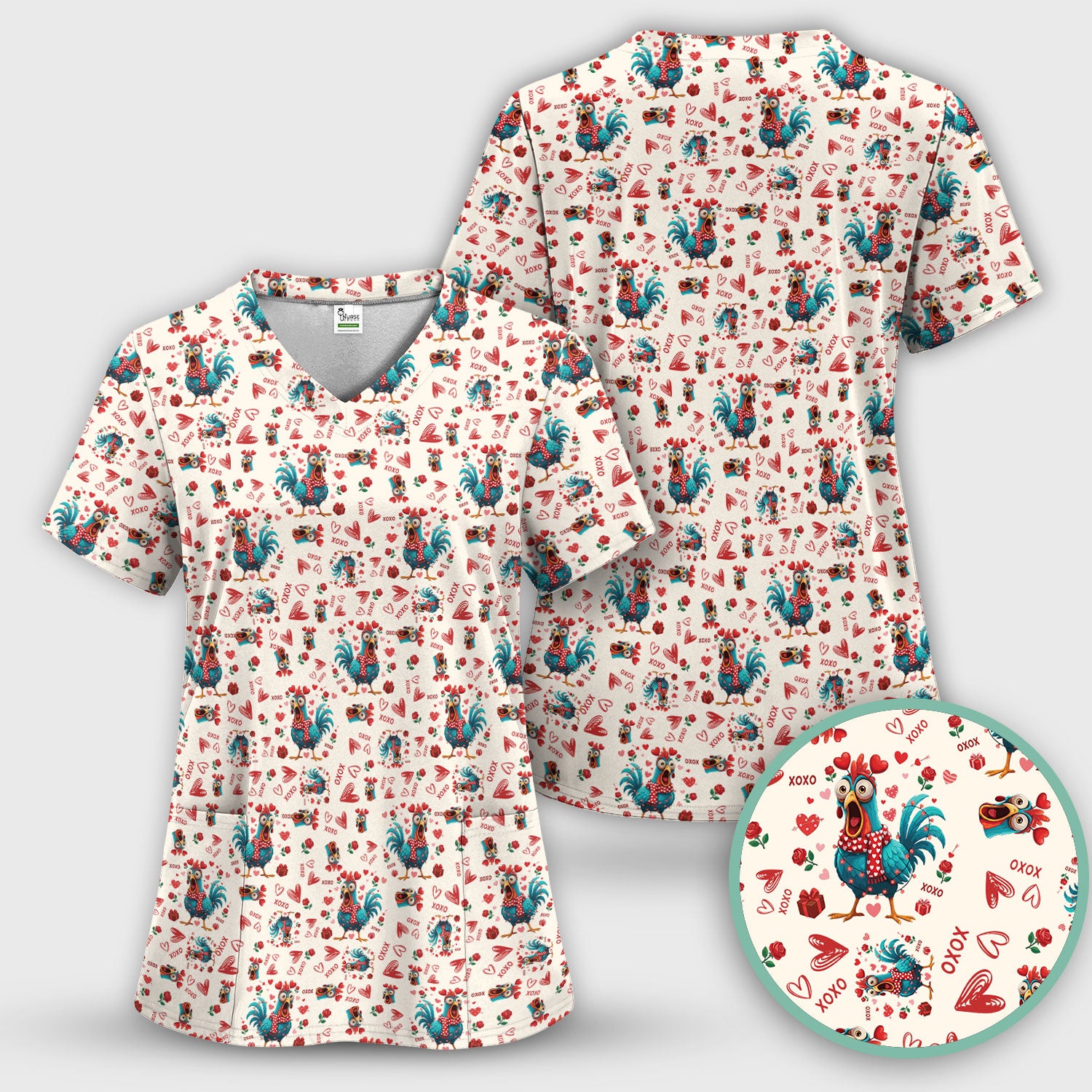 Funny Rooster Valentine Scrub Set, Cute Chicken XOXO Heart Pattern Nurse Shirt, Breathable Fabrics Nursing Uniform