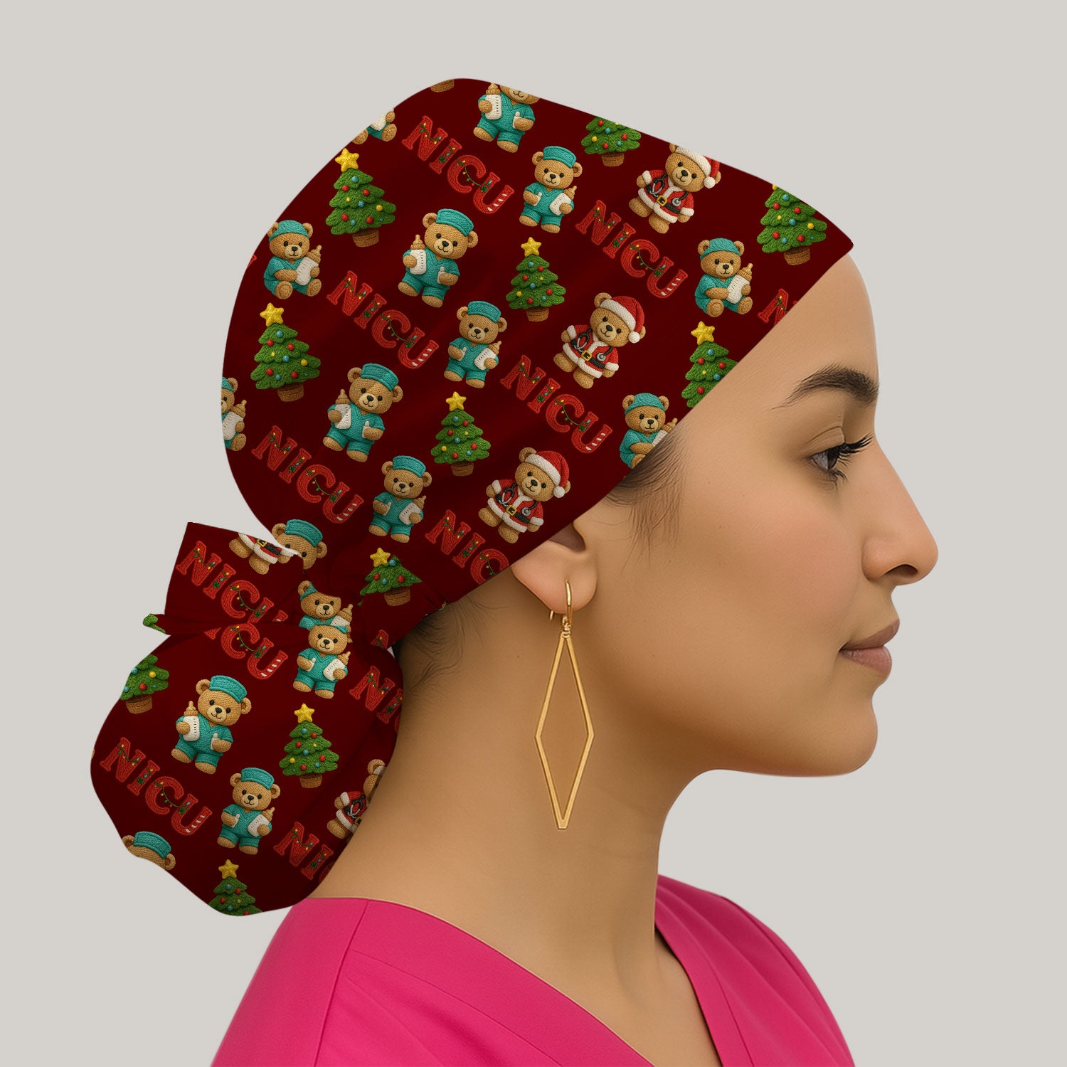 Festive Christmas NICU Nurse Teddy Bear Pattern Print Cap, Bouffant Scrub Caps for Women
