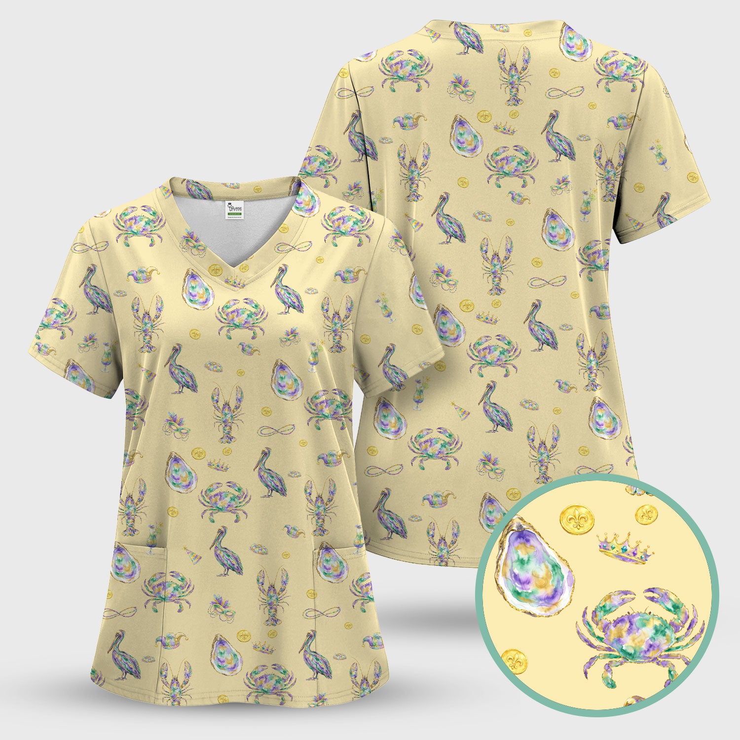 Mardi Gras Seafood Nurse Scrub Set, Comfortable Uniform Scrubs For Nursing