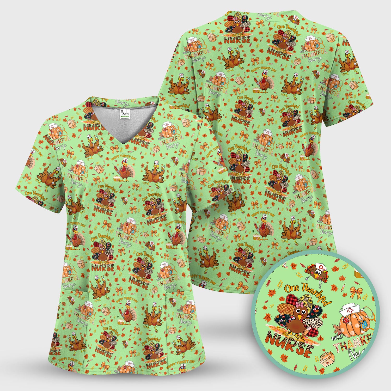 Thanksgiving Nurse Fall Scrub Top for Women - Cute Turkey and Pumpkin Shirt - Autumn Medical Shirt Gift for RN CNA LPN Doctor