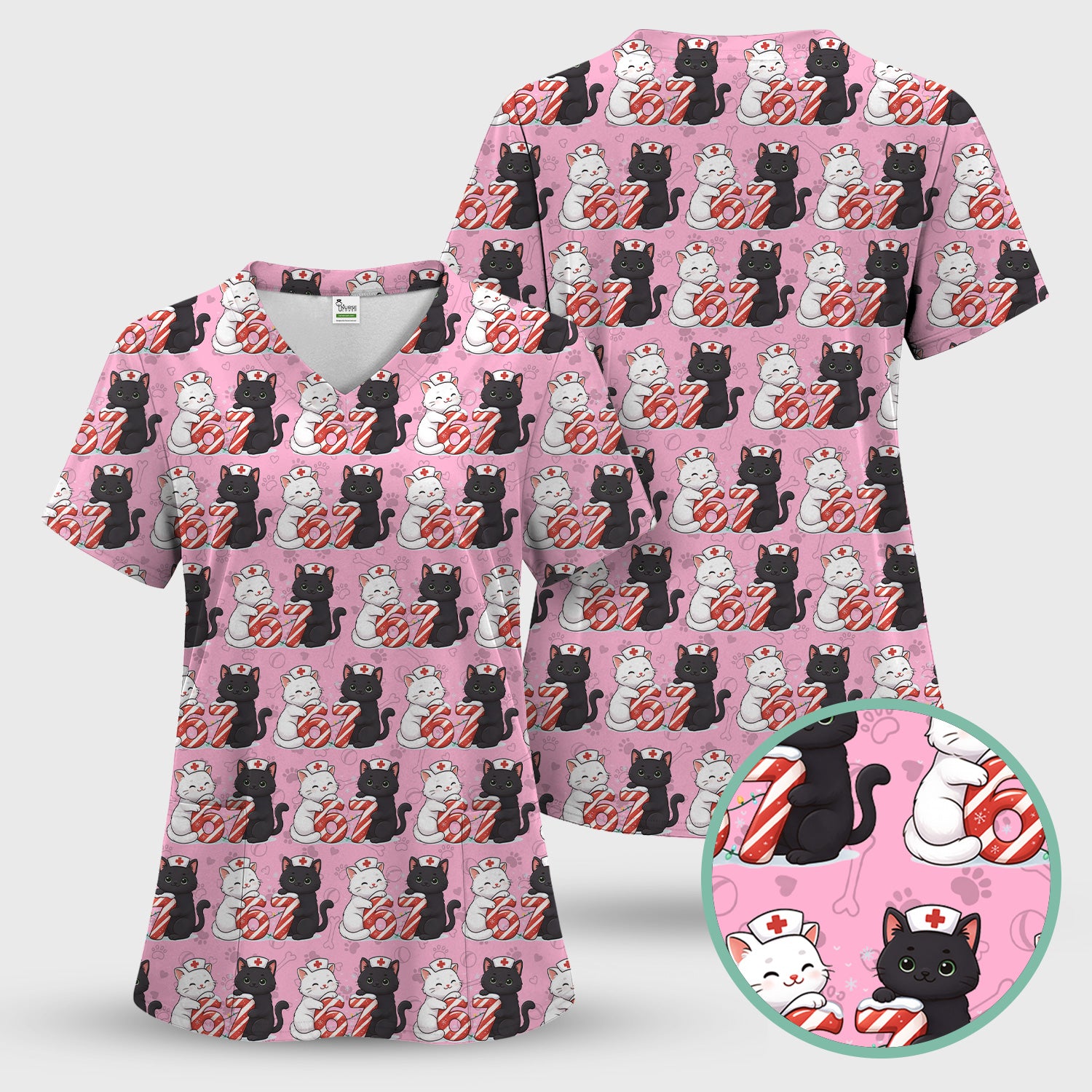 Xmas Cat Pattern Scrub Top, Christmas Nurse Six Seven With Cat Scrub Shirt, Breathable Fabrics Nursing Uniform
