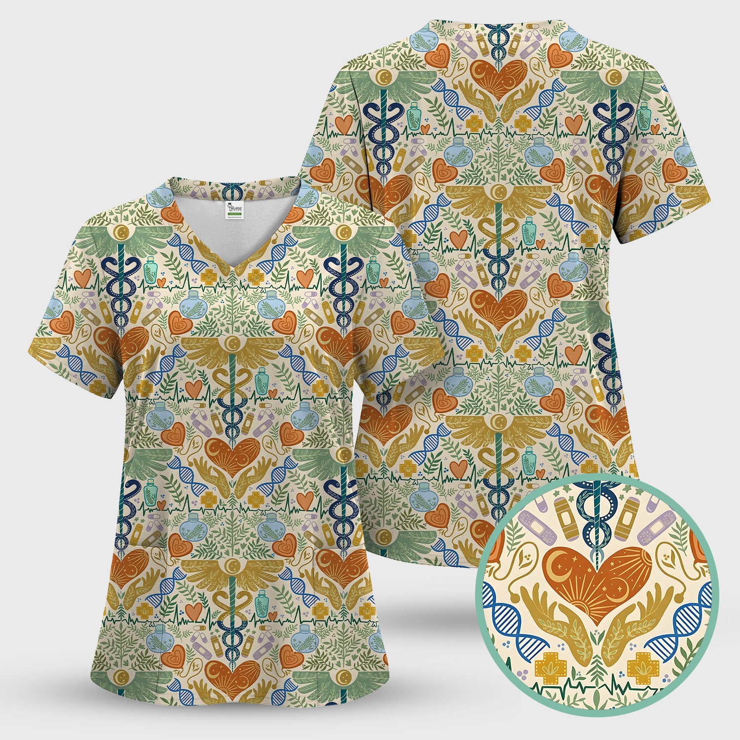 Inspirational Botanical Medical Caduceus Heart Nurse Pattern Scrub Set, Breathable Med Uniform