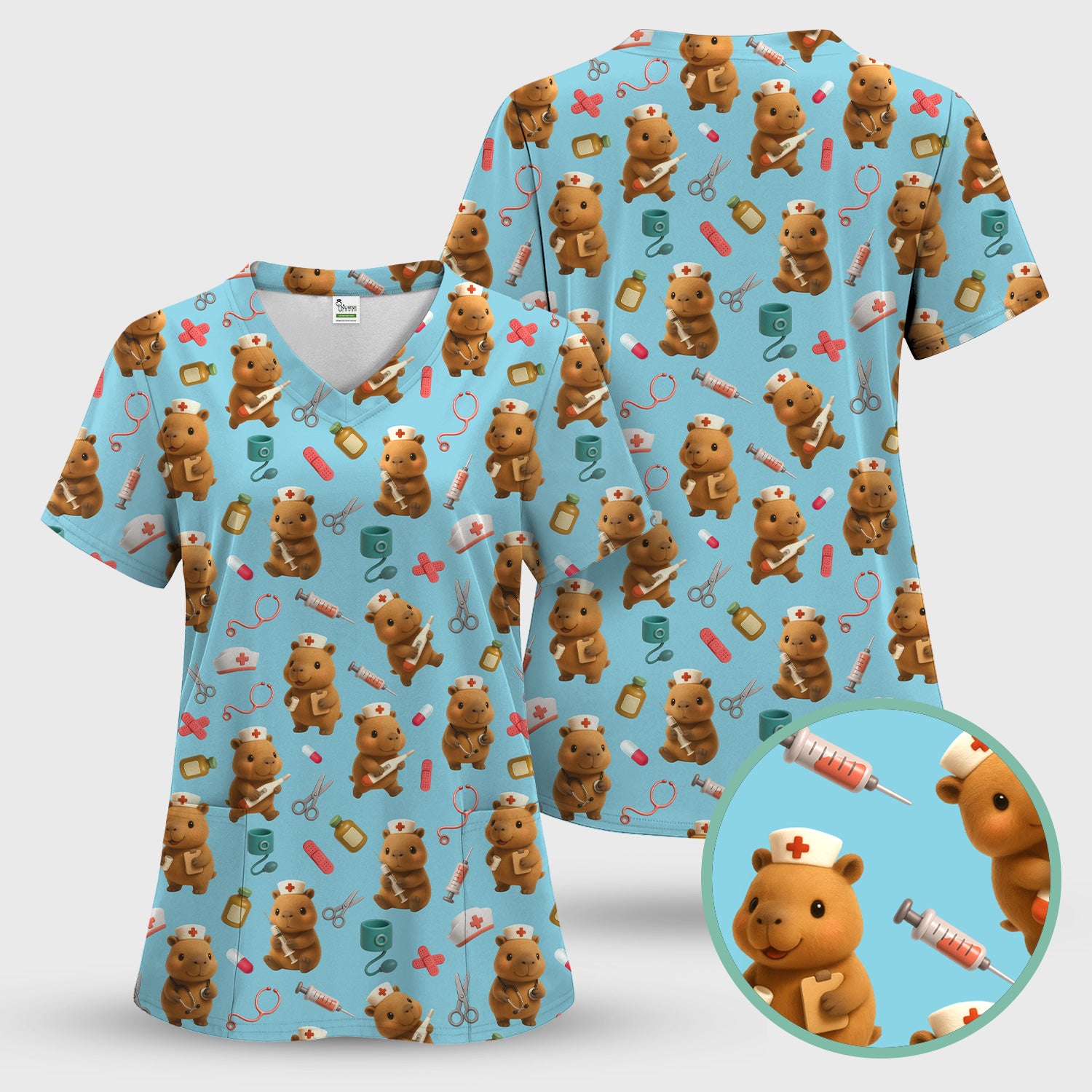 Bear Nurse Scrub Set for Women - Cute Animal Pattern Christmas Scrubs - Funny Medical Scrub Tops and Pants Gift Idea