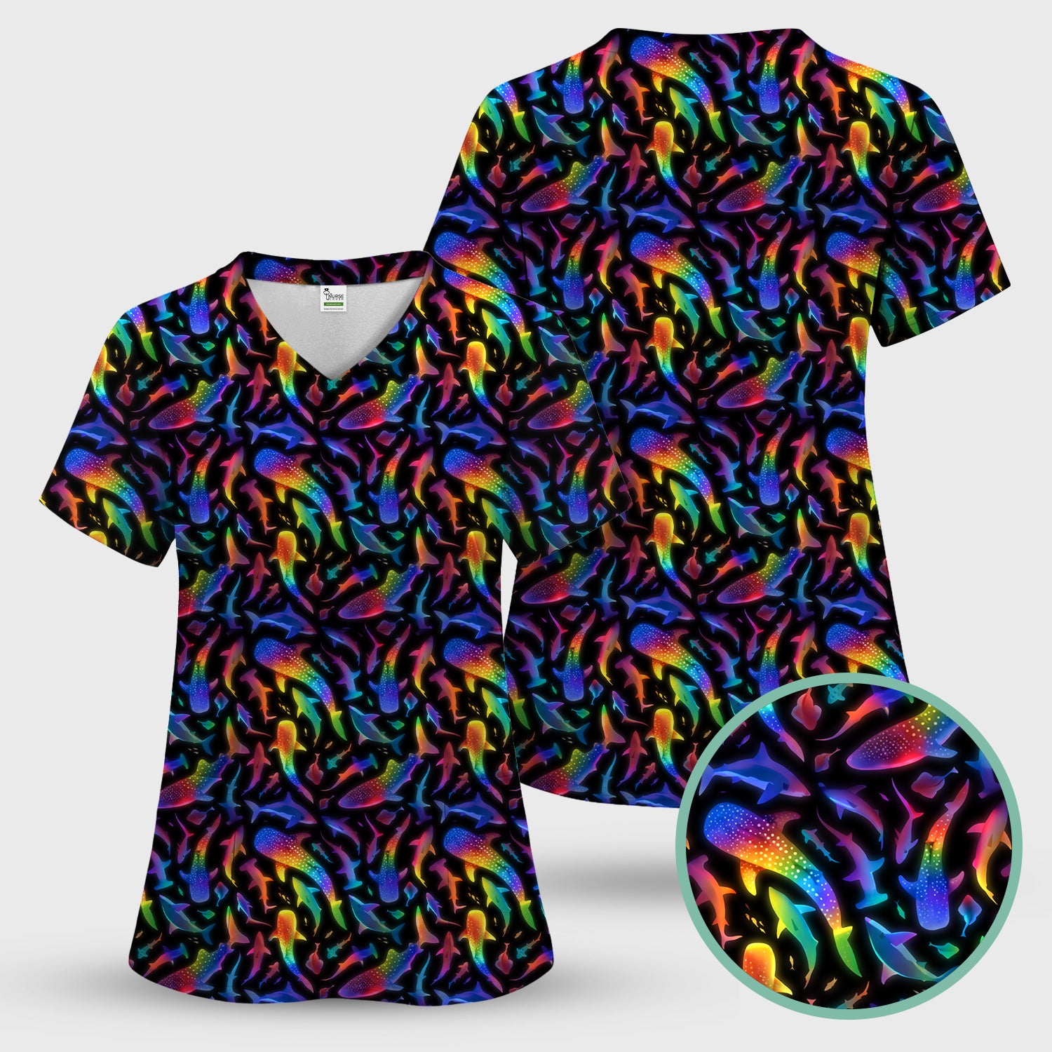 Vibrant Rainbow Shark Pattern Scrub Top, Comfortable Scrubs For Nurses