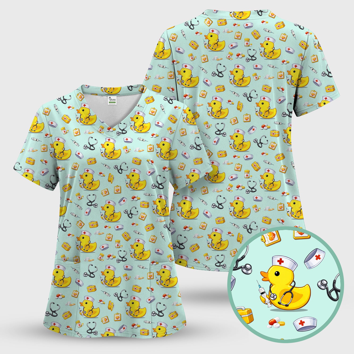 Playful Medical Duck Print Nurse Scrub Top, Comfortable Scrubs for Nurses