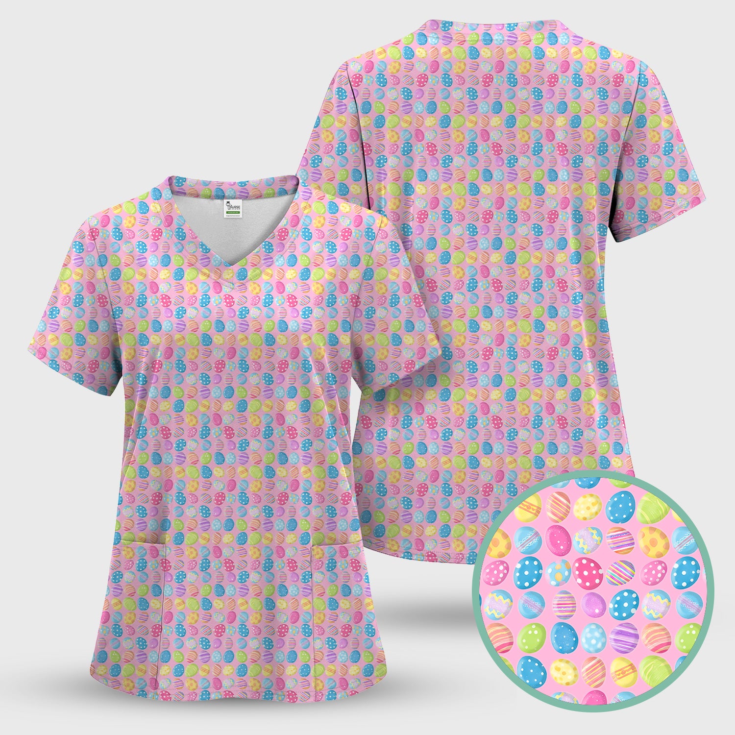 Colorful Easter Eggs Pattern Scrub Top, Comfortable Scrubs for Nurses