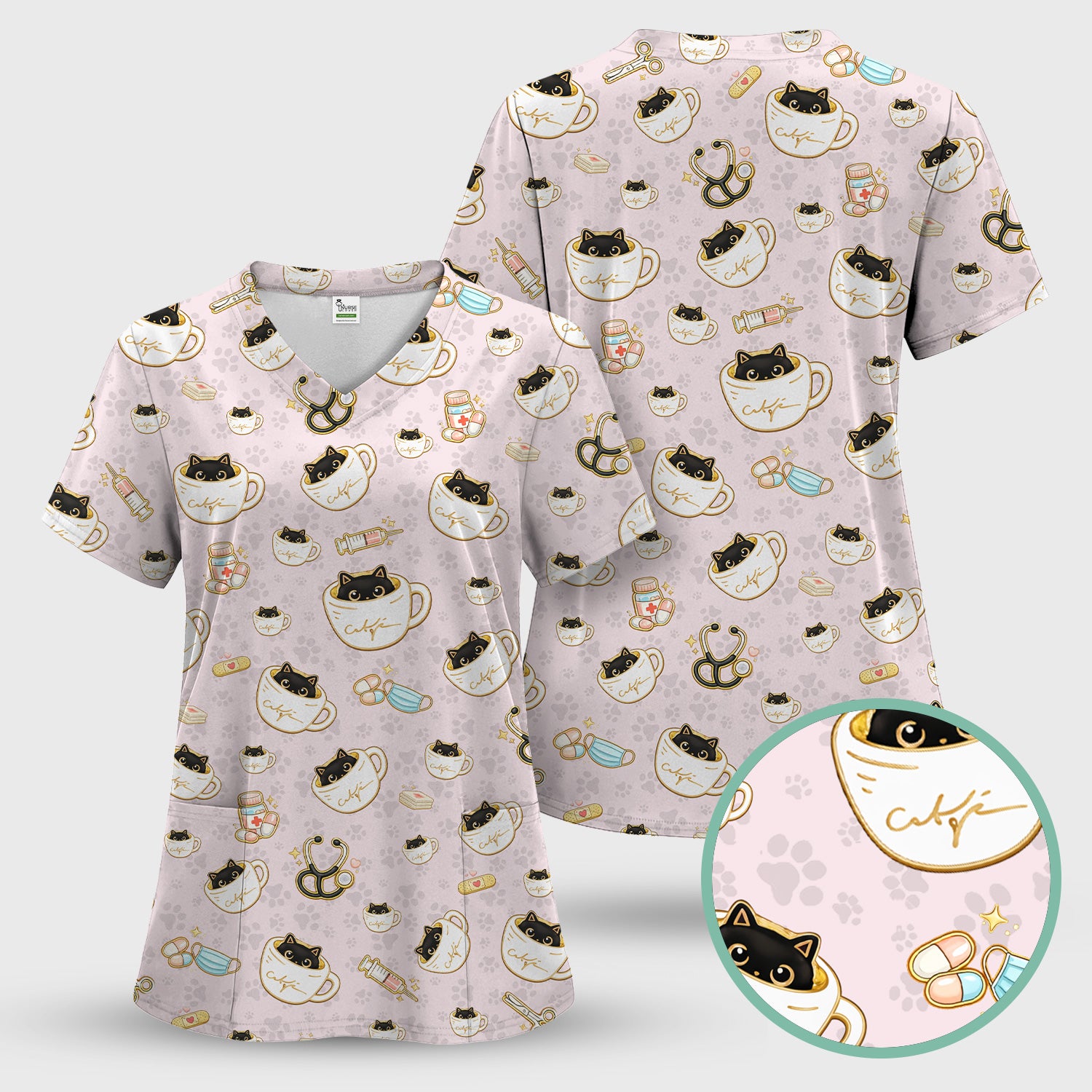 Cute Coffee Cat Medical Print Scrub Top, Breathable Fabrics Nursing Uniform