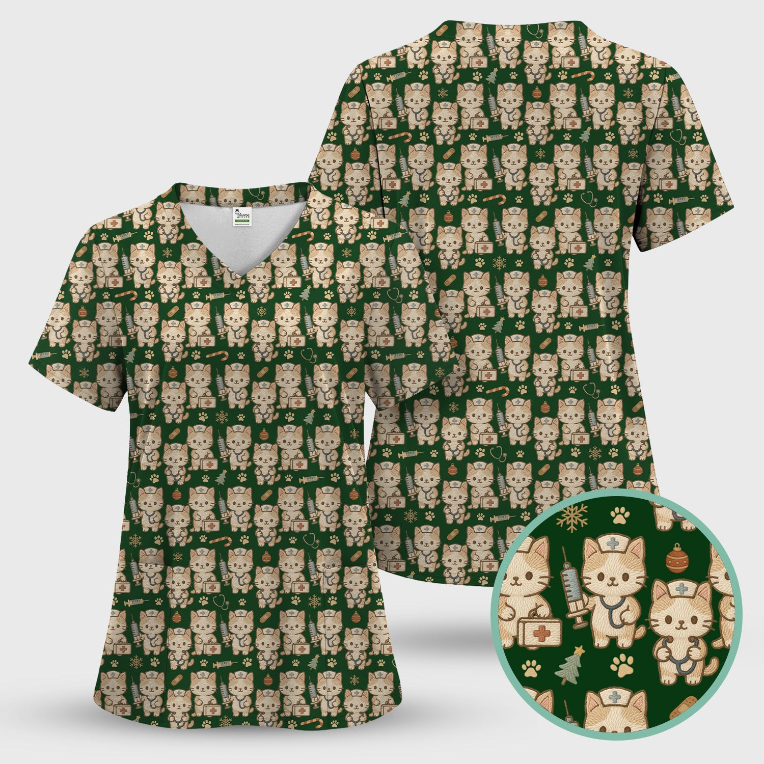 Cute Cat Nurse Christmas Scrub Top, Kawaii Kitty Medical Pattern Shirt, Breathable Fabrics Nursing Uniform