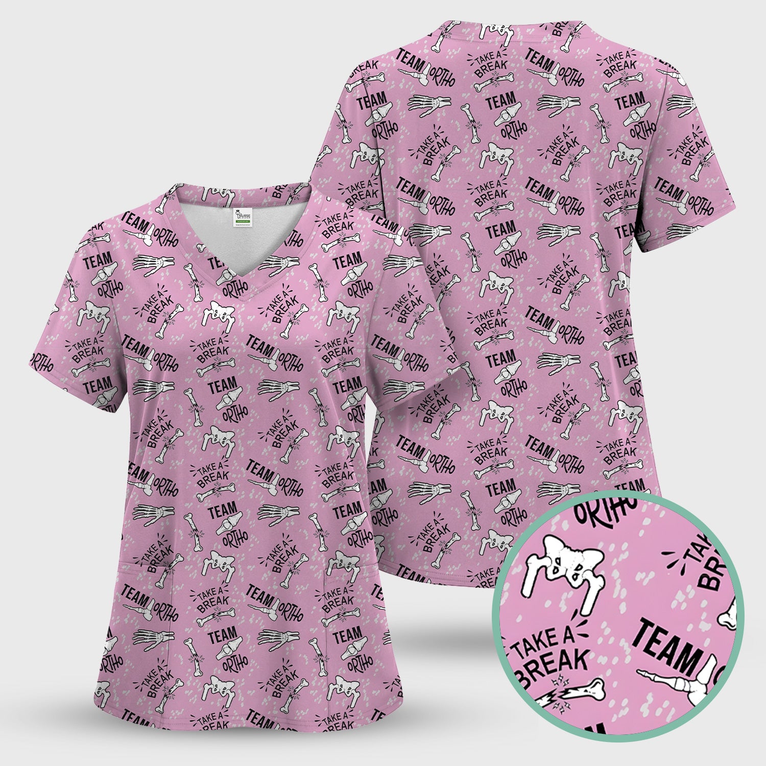 Team Ortho Bone Joint Print Scrub Top, Breathable Fabrics Nursing Uniform