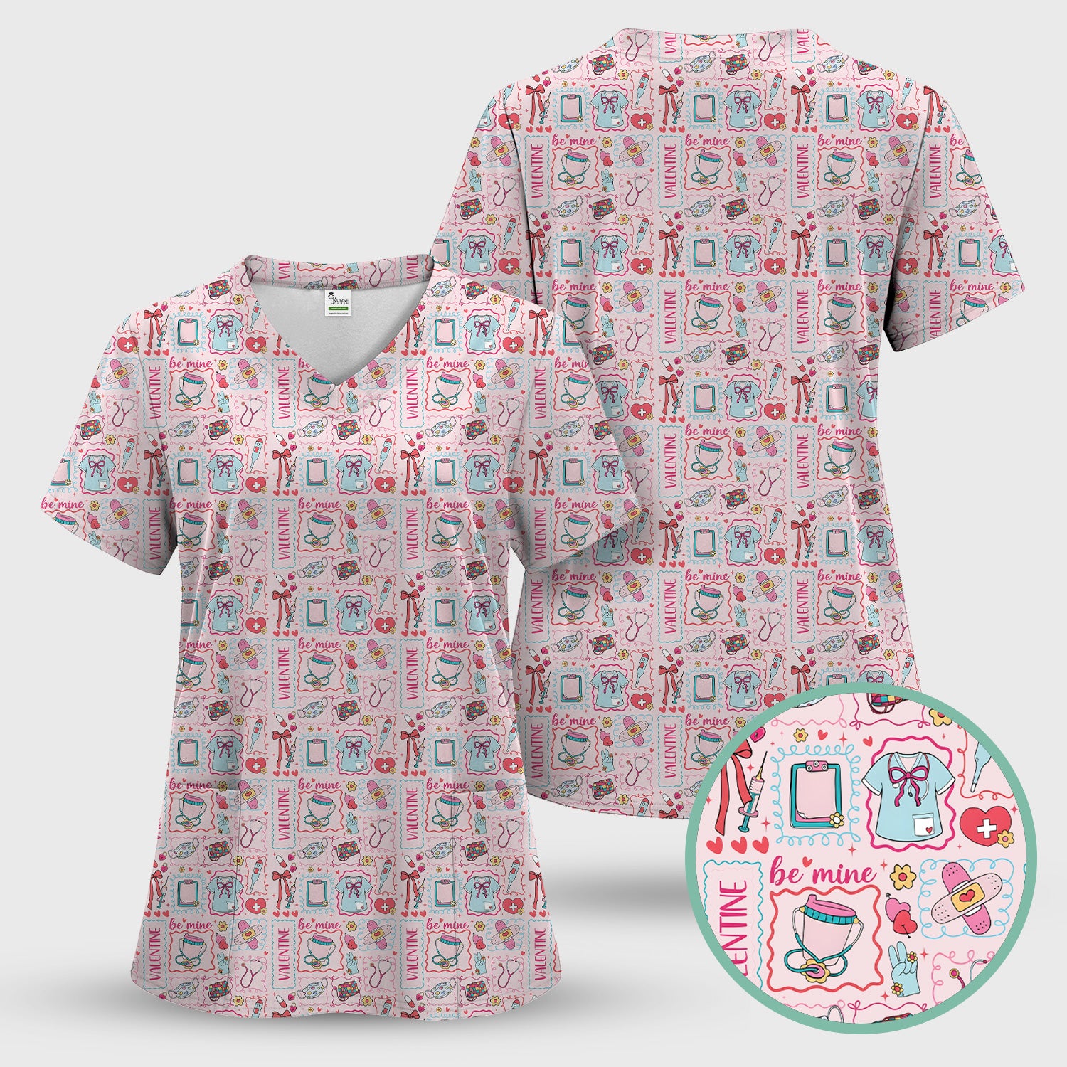 Valentine Medical Hearts Bandages Syringes Scrub Top, Comfortable Scrubs for Nurses