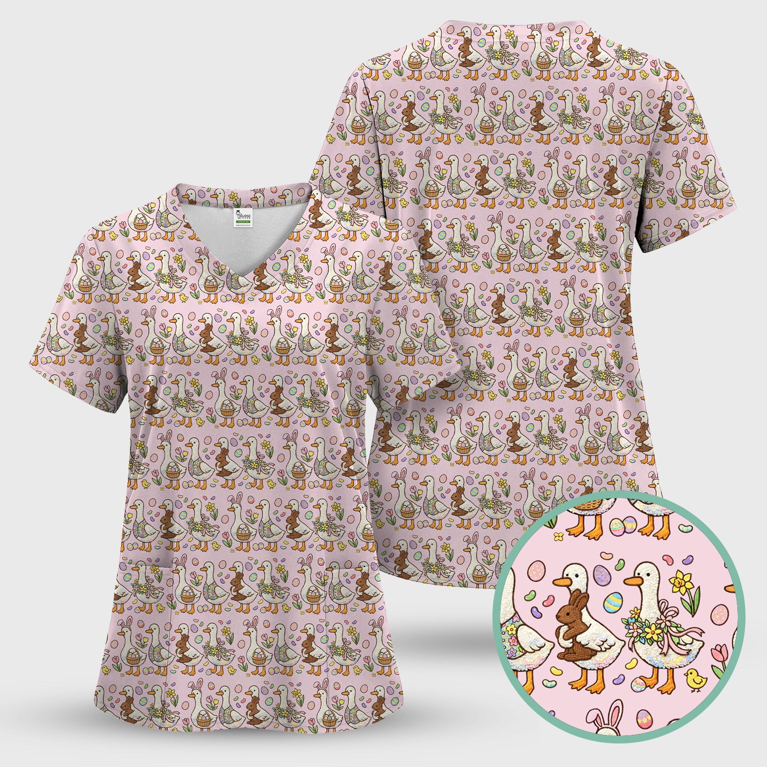 Easter Theme Duck and Bunny Egg Floral Print Scrub Top, Comfortable Scrubs for Nurses
