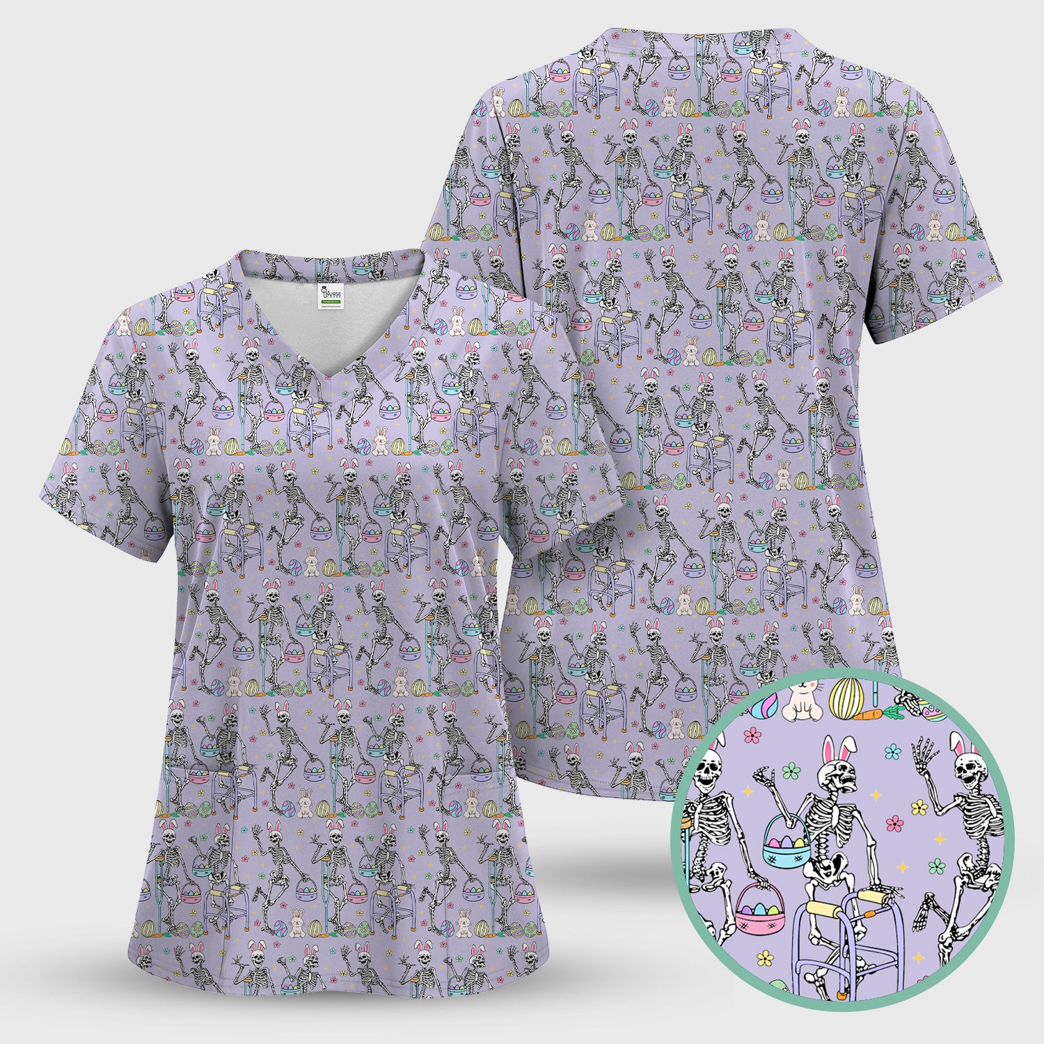 Fun Skeleton Bunny Easter Print Scrub Top, Comfortable Scrubs for Nurses