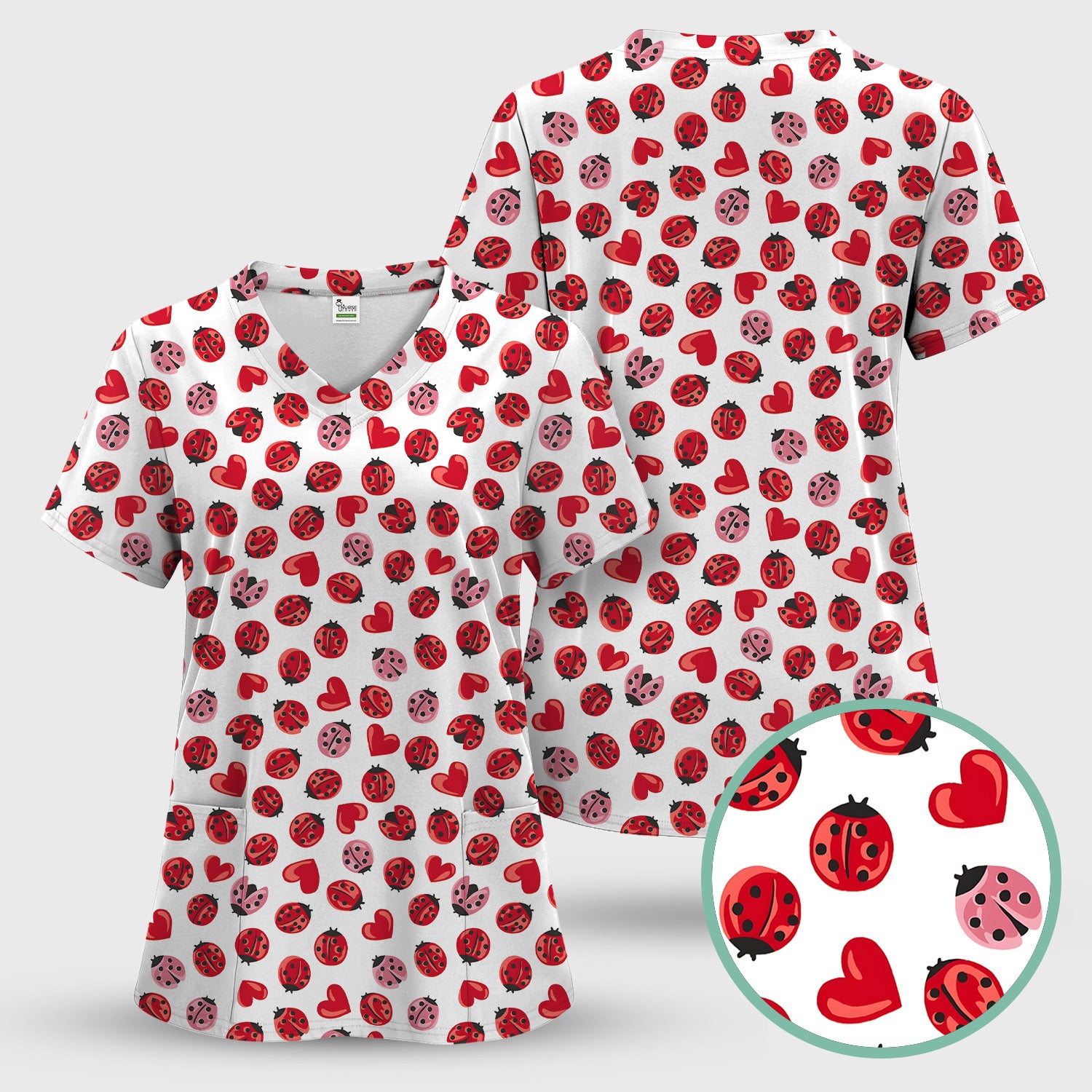 Cute Ladybug and Red Heart All Over Print Scrub Top, Comfortable Scrubs for Nurses