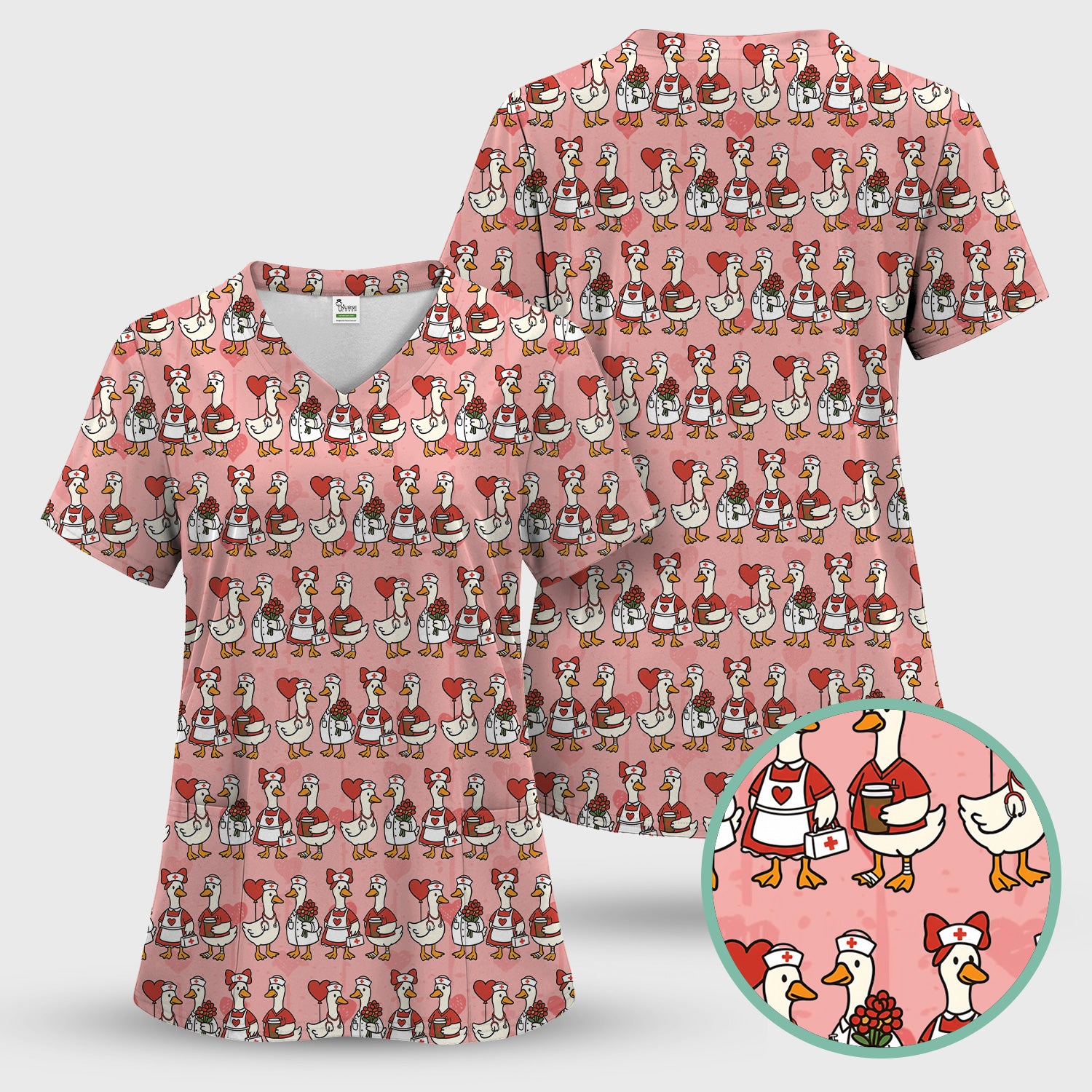 Valentine Nurse Goose with Heart Pattern Scrub Set, Scrub Pants and V Neck Top