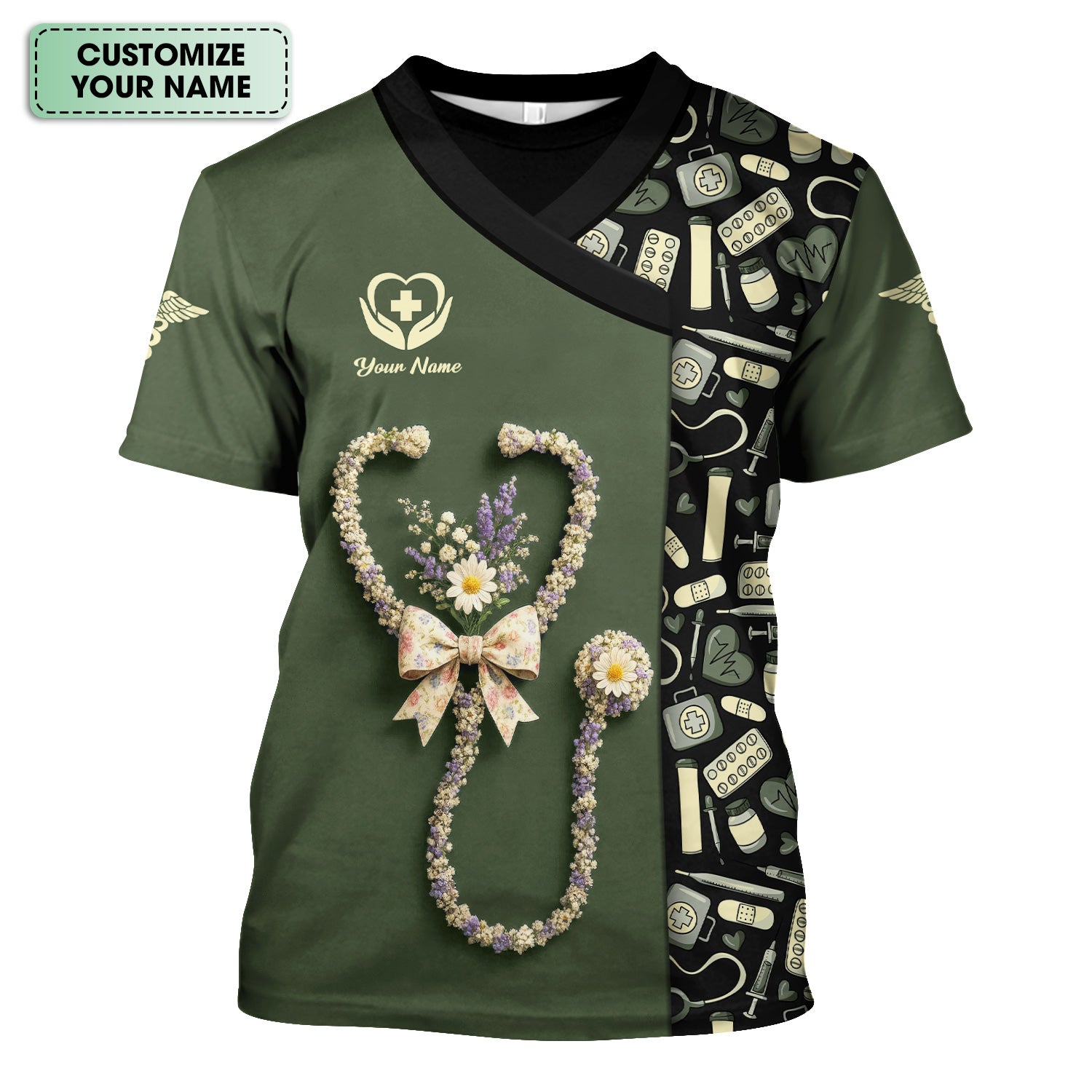 Colorful Nurse Scrubs for Women RN CNA LPN - Inspirational Floral Stethoscope Top with Heart Design - Gift for Healthcare Workers with Custom Name