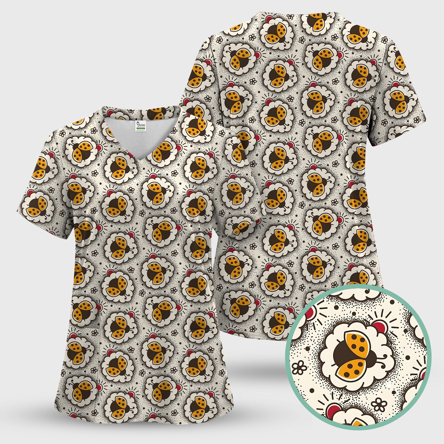 Cute Ladybug in Floral Frame Pattern Scrub Top, Breathable Fabrics Nursing Uniform