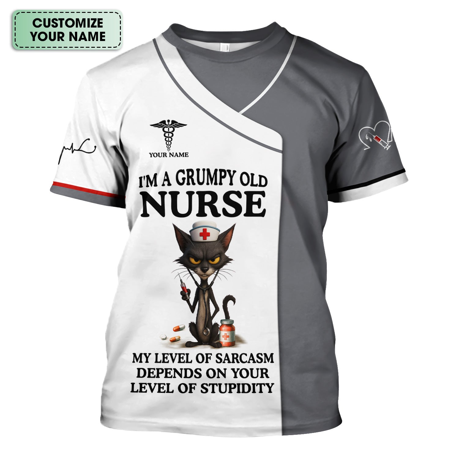 Funny Grumpy Old Nurse Shirt - Sarcastic Black Cat Humor for RN LPN CNA - Custom Name Gift for Nursing Staff Healthcare Workers