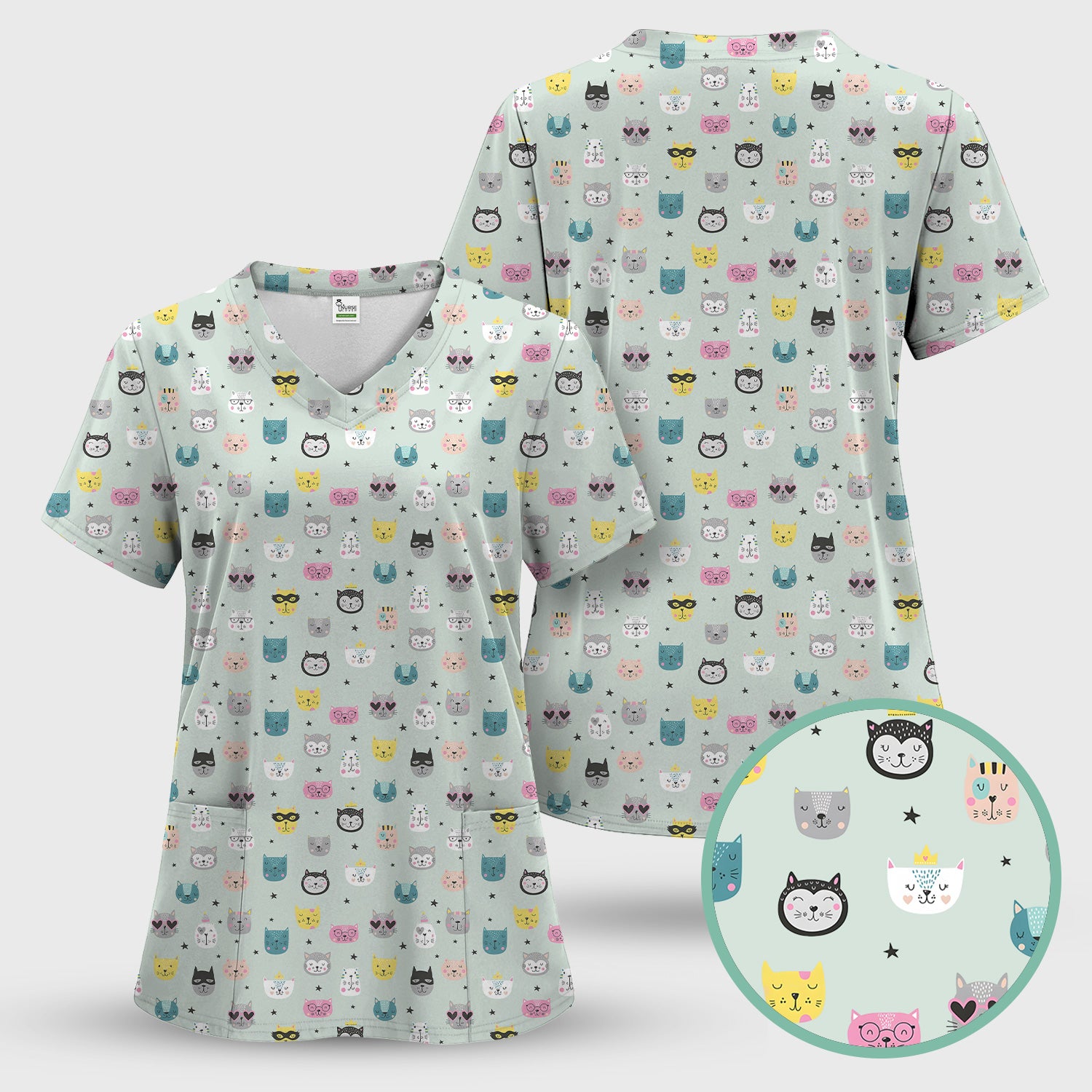 Cute Colorful Cat Pattern Scrub Top, Comfortable Scrubs for Nurses