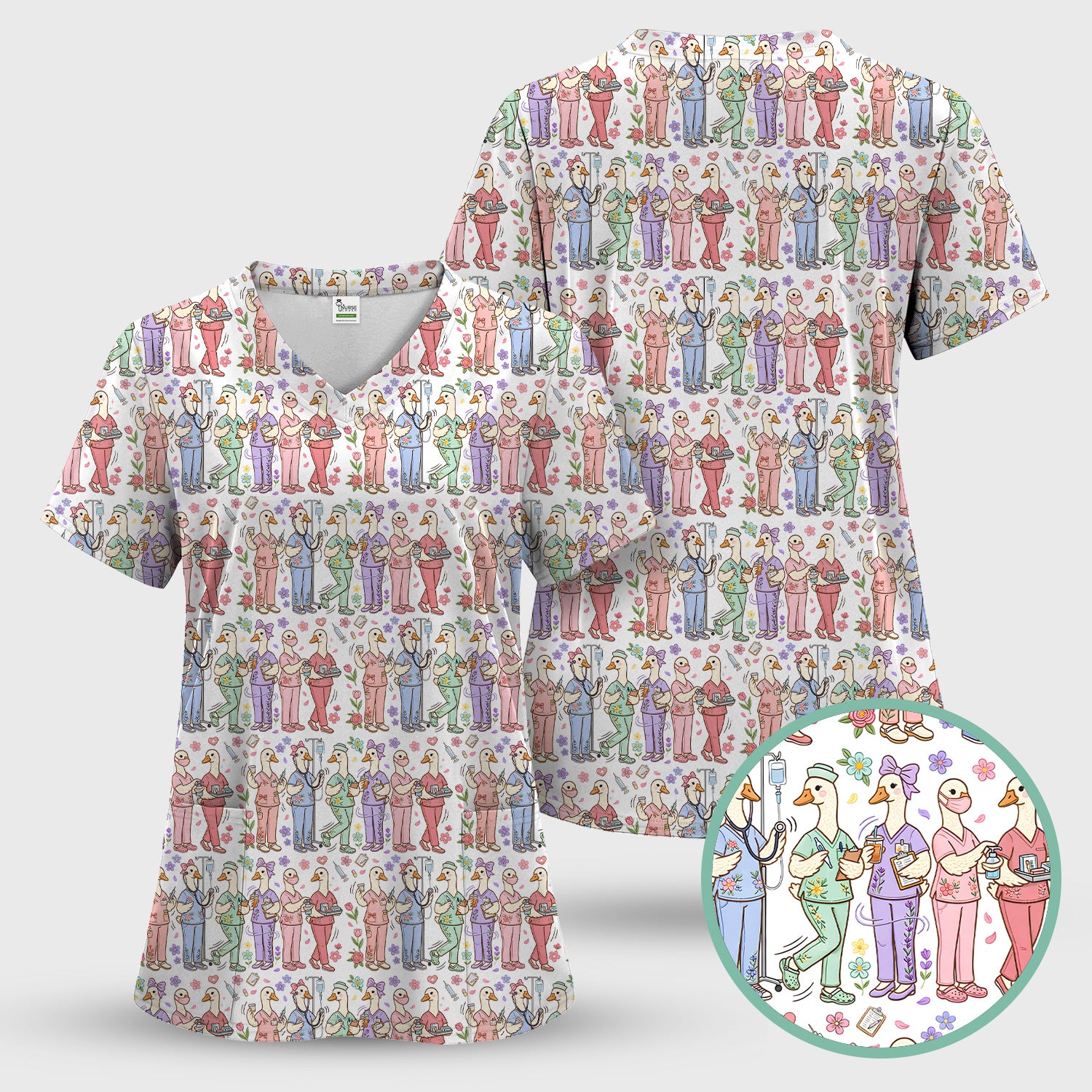 Goose Characters Floral Medical Team Uniform Pattern Scrub Top, Breathable Fabrics Nursing Uniform