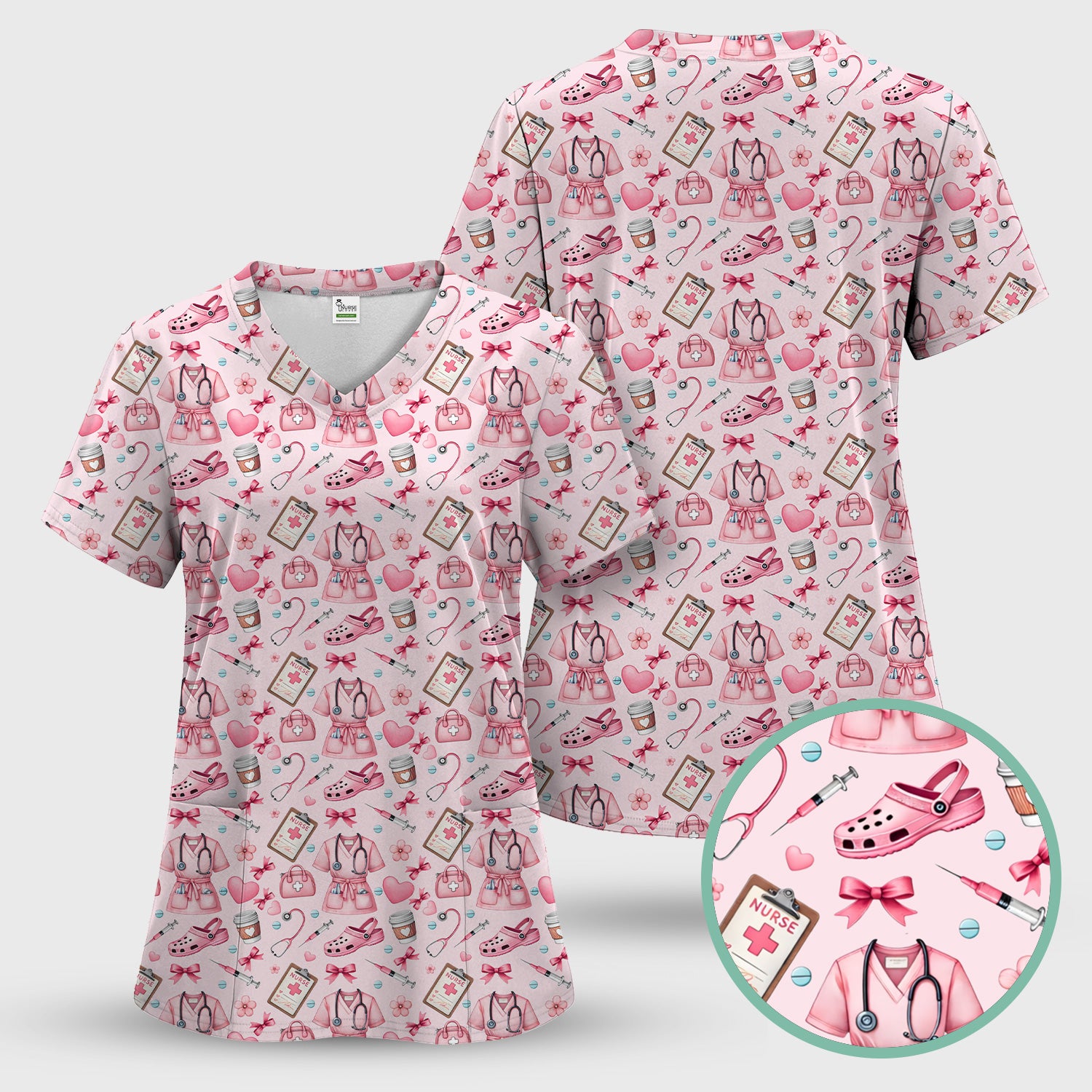 Valentine Pink Nurse Icons Print Scrub Top, Comfortable Scrubs for Nurses