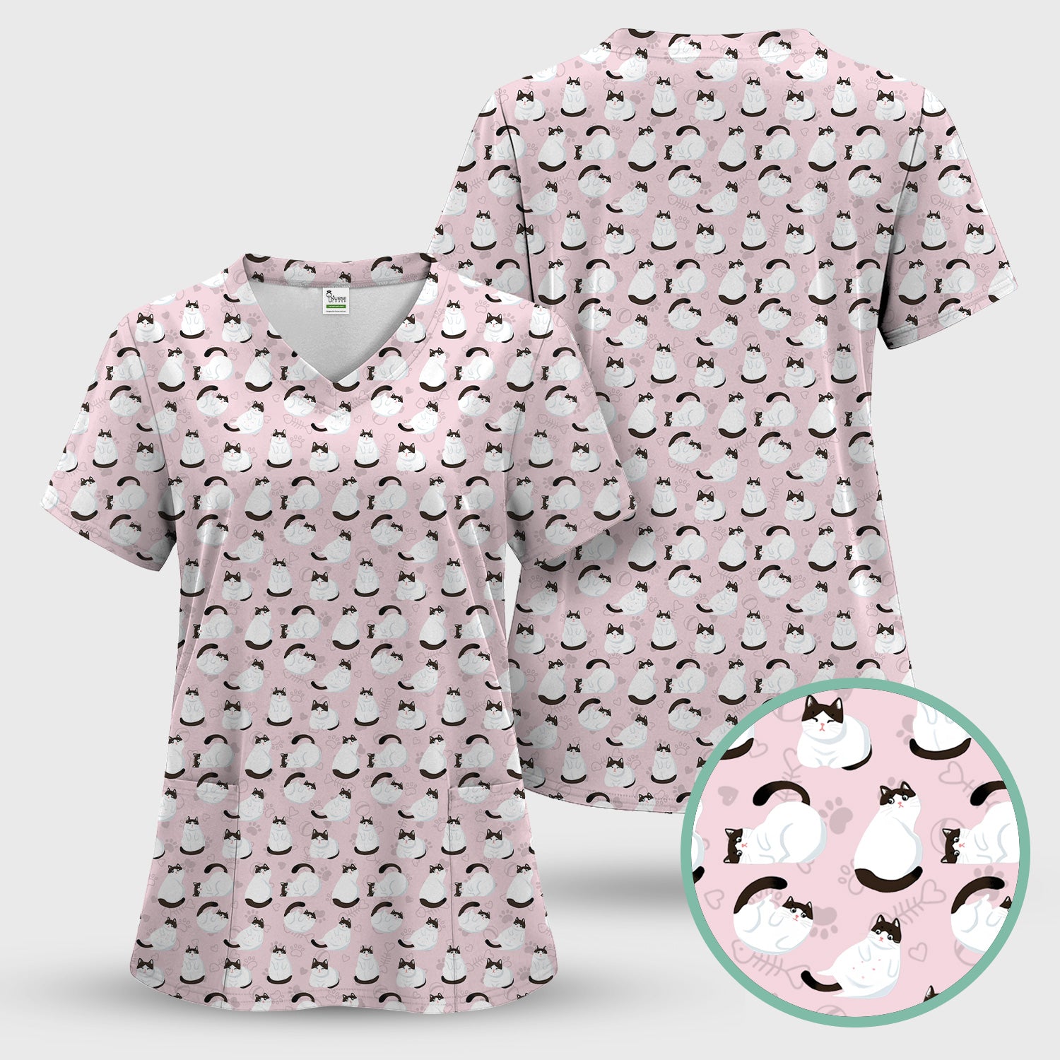 Cute Cat Pattern Medical Scrub Top, Breathable Fabrics Nursing Uniform