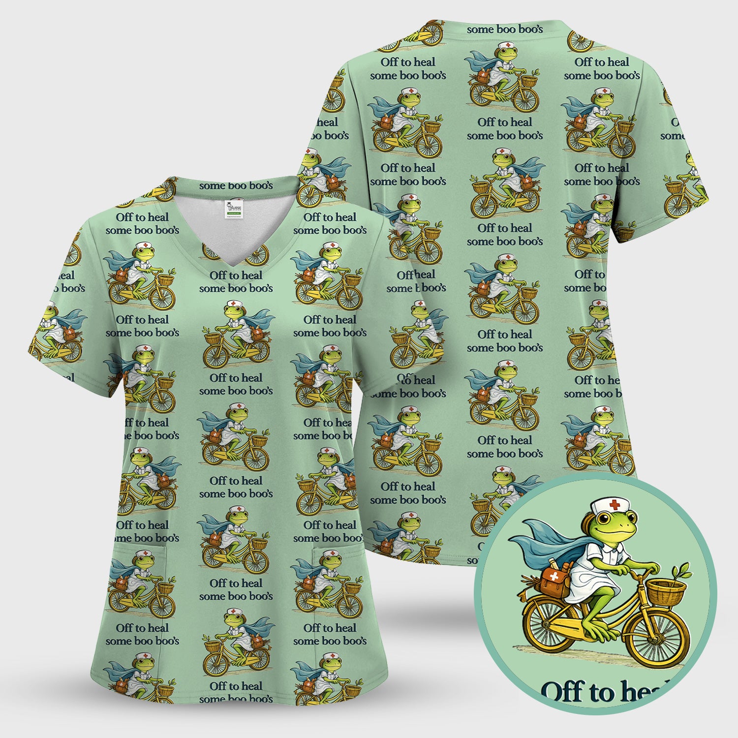 Funny Frog Nurse Cycling Pattern Scrub Top, Comfortable Scrubs for Nurses